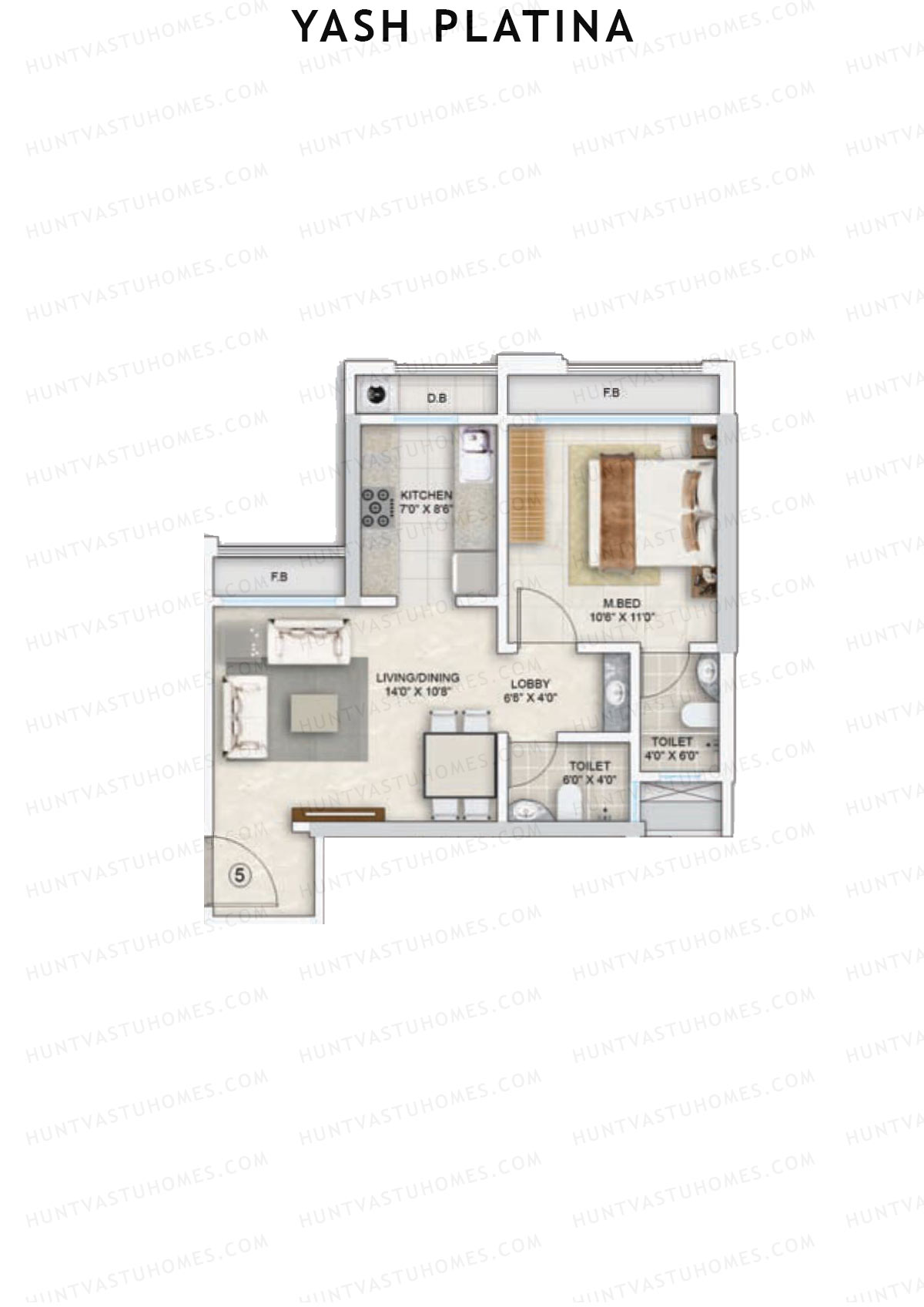 Yash Platina, Wing B, Unit 5, 1BHK, Carpet Area 386   sq ft 