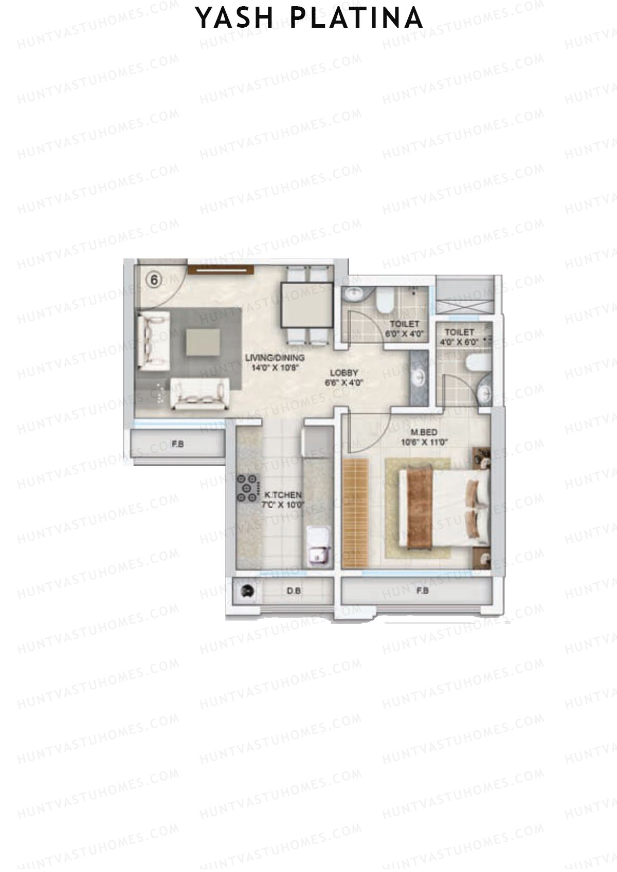 Yash Platina, Wing B, Unit 6, 1BHK, Carpet Area 406   sq ft 