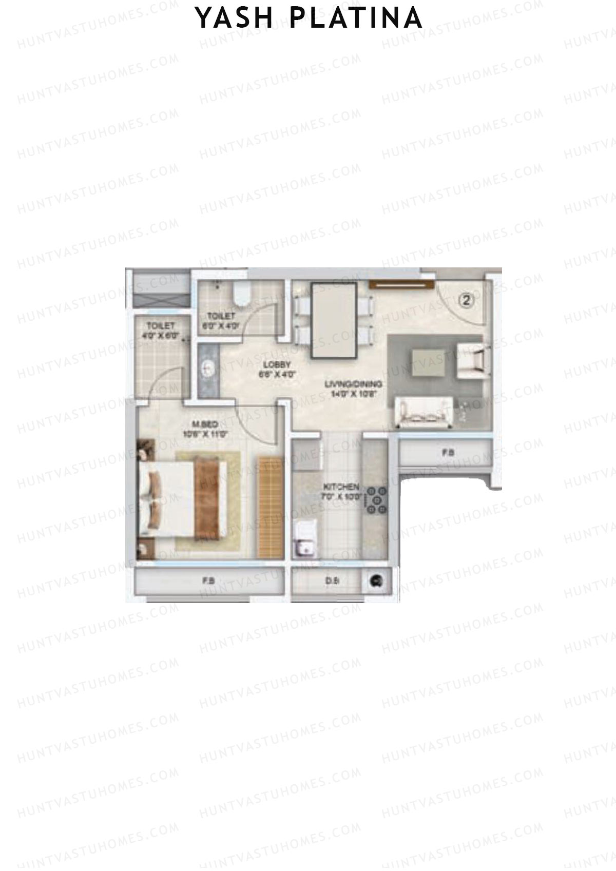Yash Platina, Wing C, Unit 2, 1BHK, Carpet Area 384   sq ft 