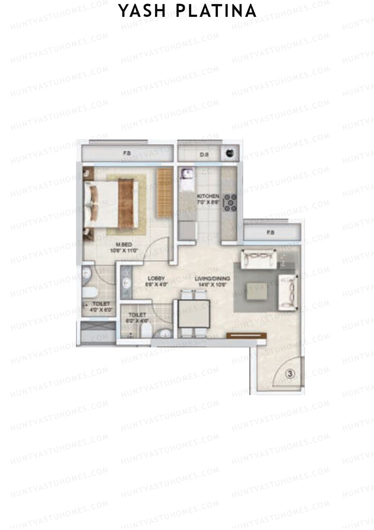 Yash Platina, Wing C, Unit 3, 1BHK, Carpet Area 415   sq ft 