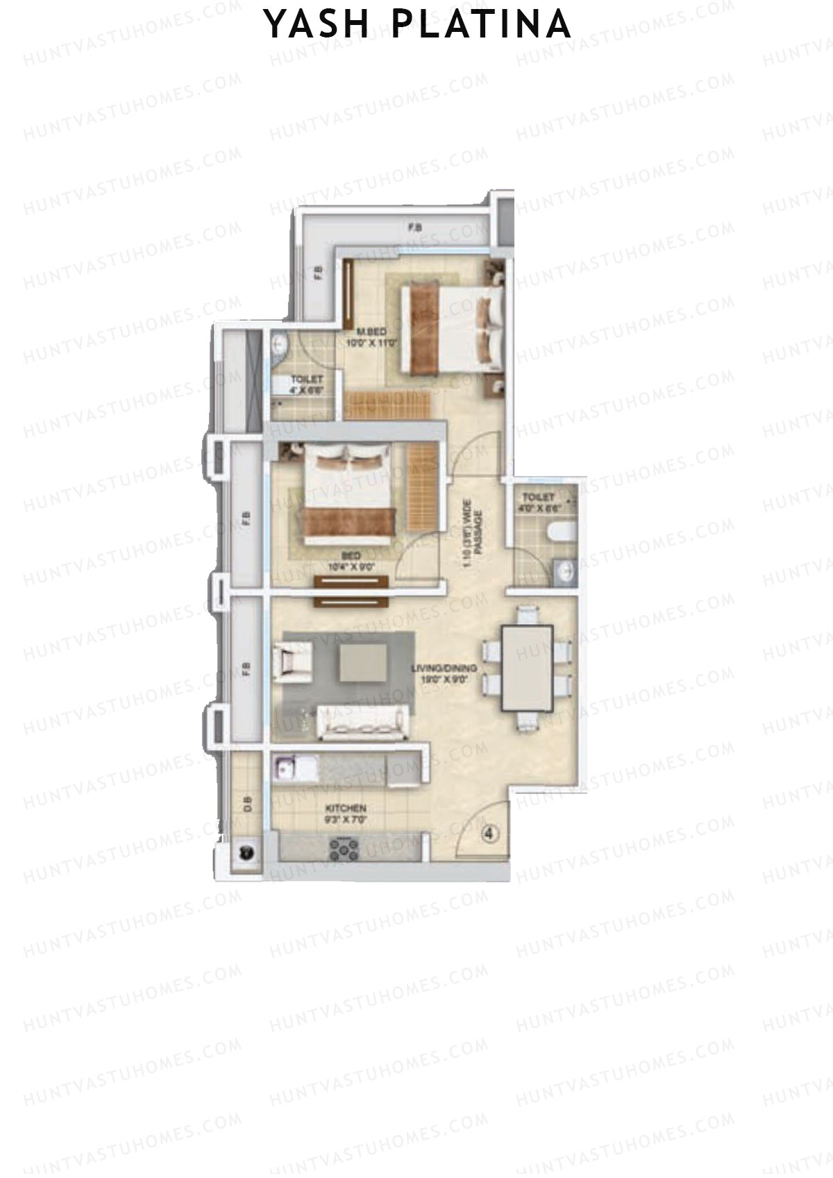 Yash Platina, Wing C, Unit 4, 2BHK, Carpet Area 553   sq ft 