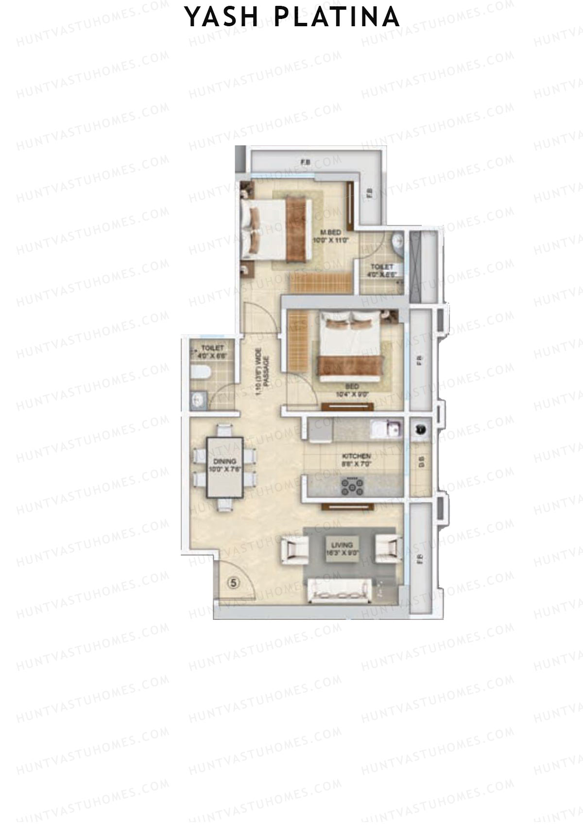 Yash Platina, Wing C, Unit 5, 2BHK, Carpet Area 561   sq ft 