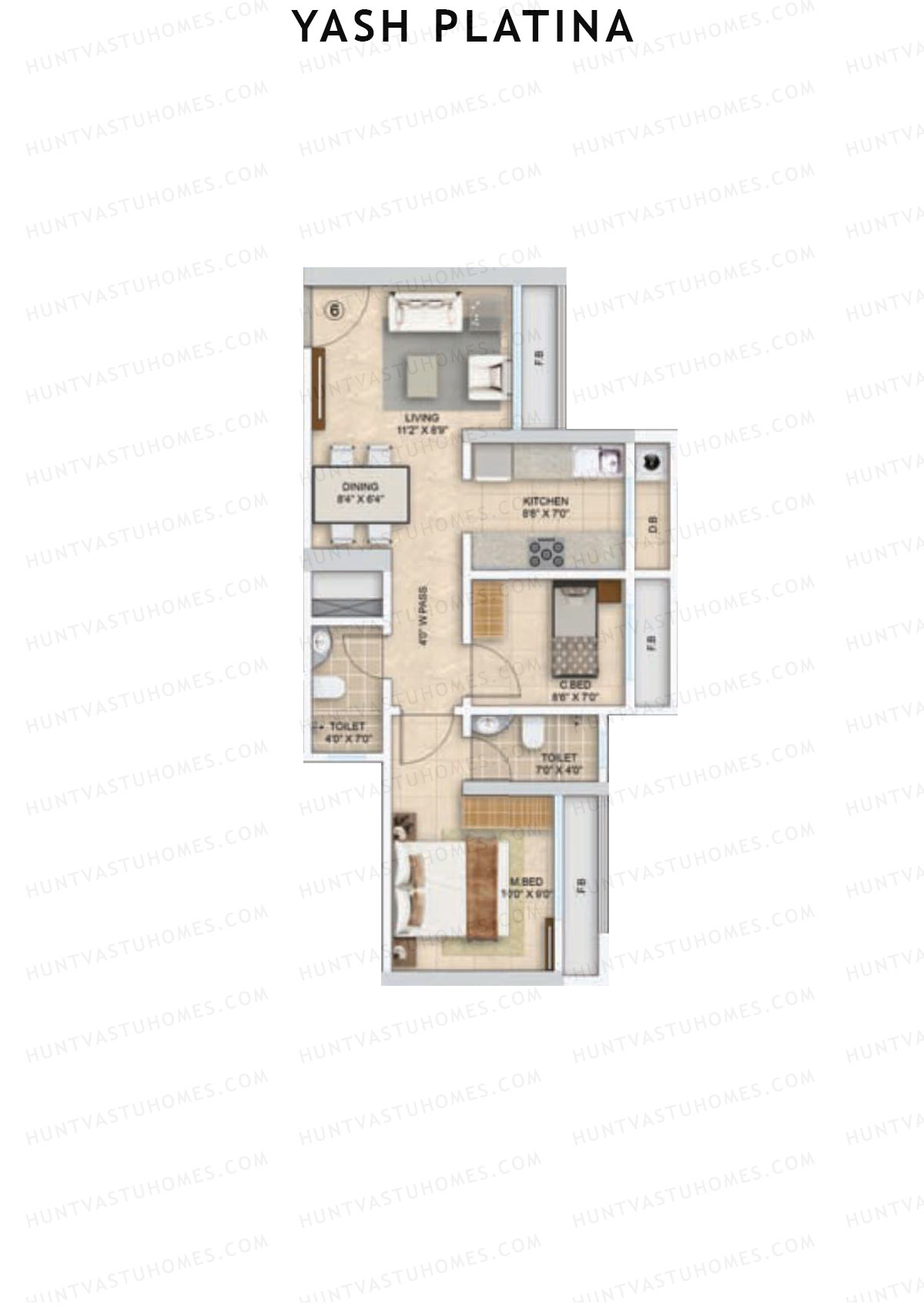 Yash Platina, Wing C, Unit 6, 2BHK, Carpet Area 487   sq ft 