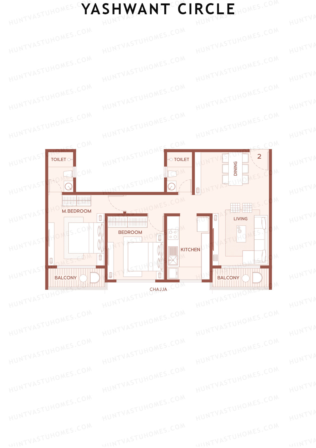 Yashwant Circle, Tower A, Unit 2, 2BHK, Carpet Area 780   sq ft 