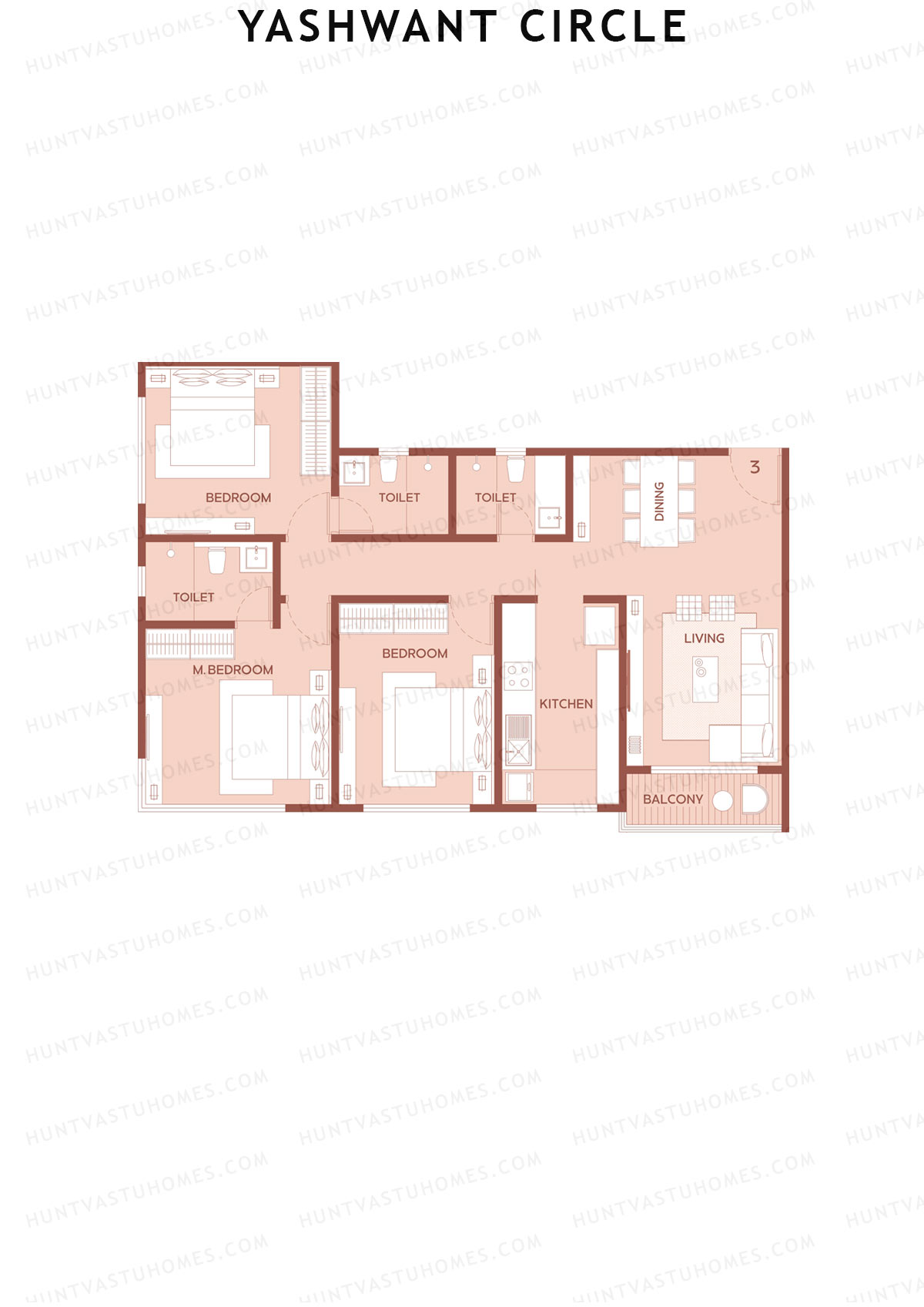 Yashwant Circle, Tower A, Unit 3, 3BHK, Carpet Area 1008   sq ft 