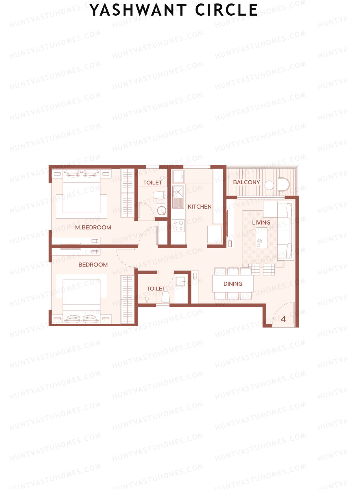 Yashwant Circle, Tower A, Unit 4, 2BHK, Carpet Area 741   sq ft 