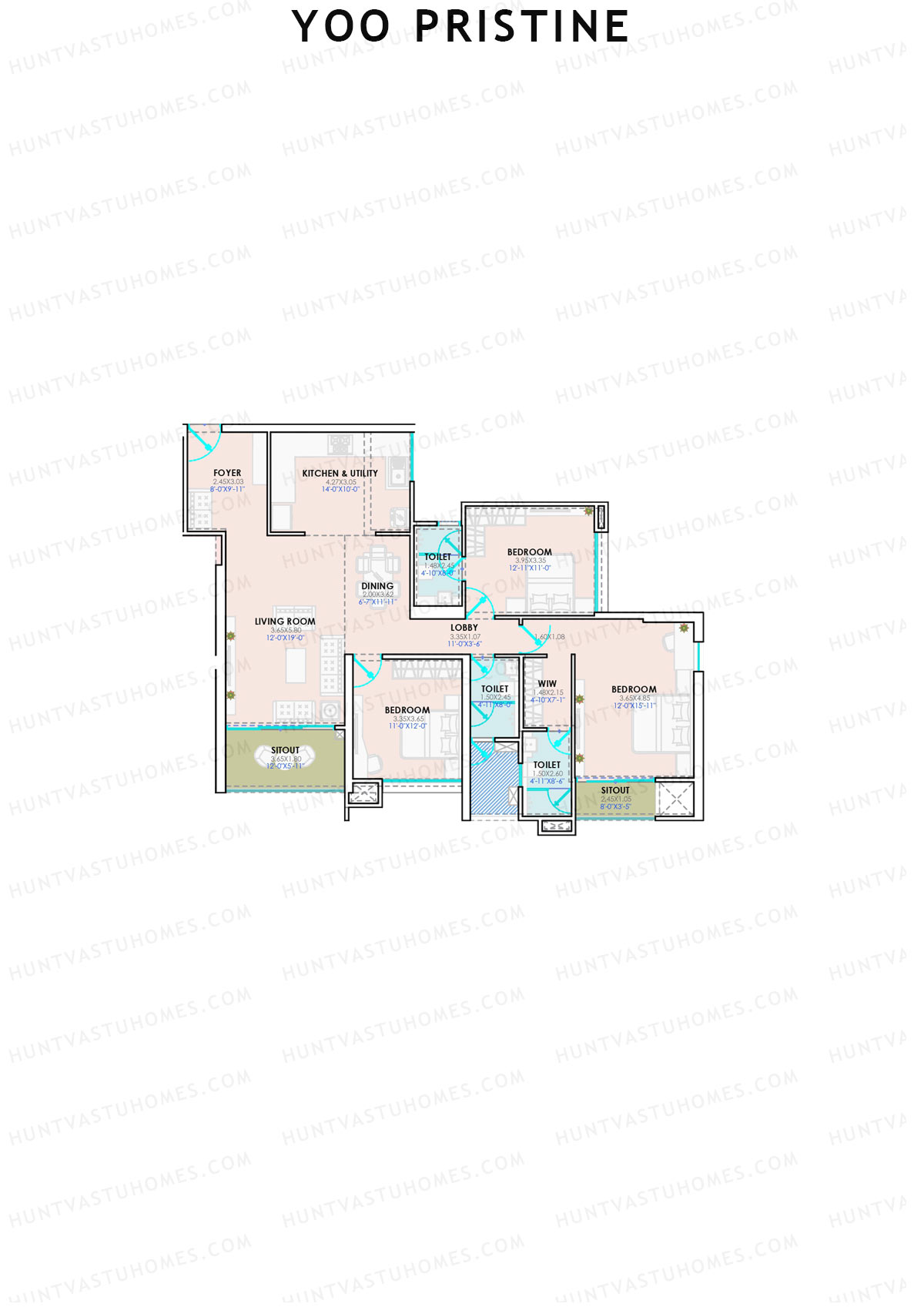 Yoo Pristine, Tower A, Unit 2, 3BHK, Super Area 1377   sq ft 