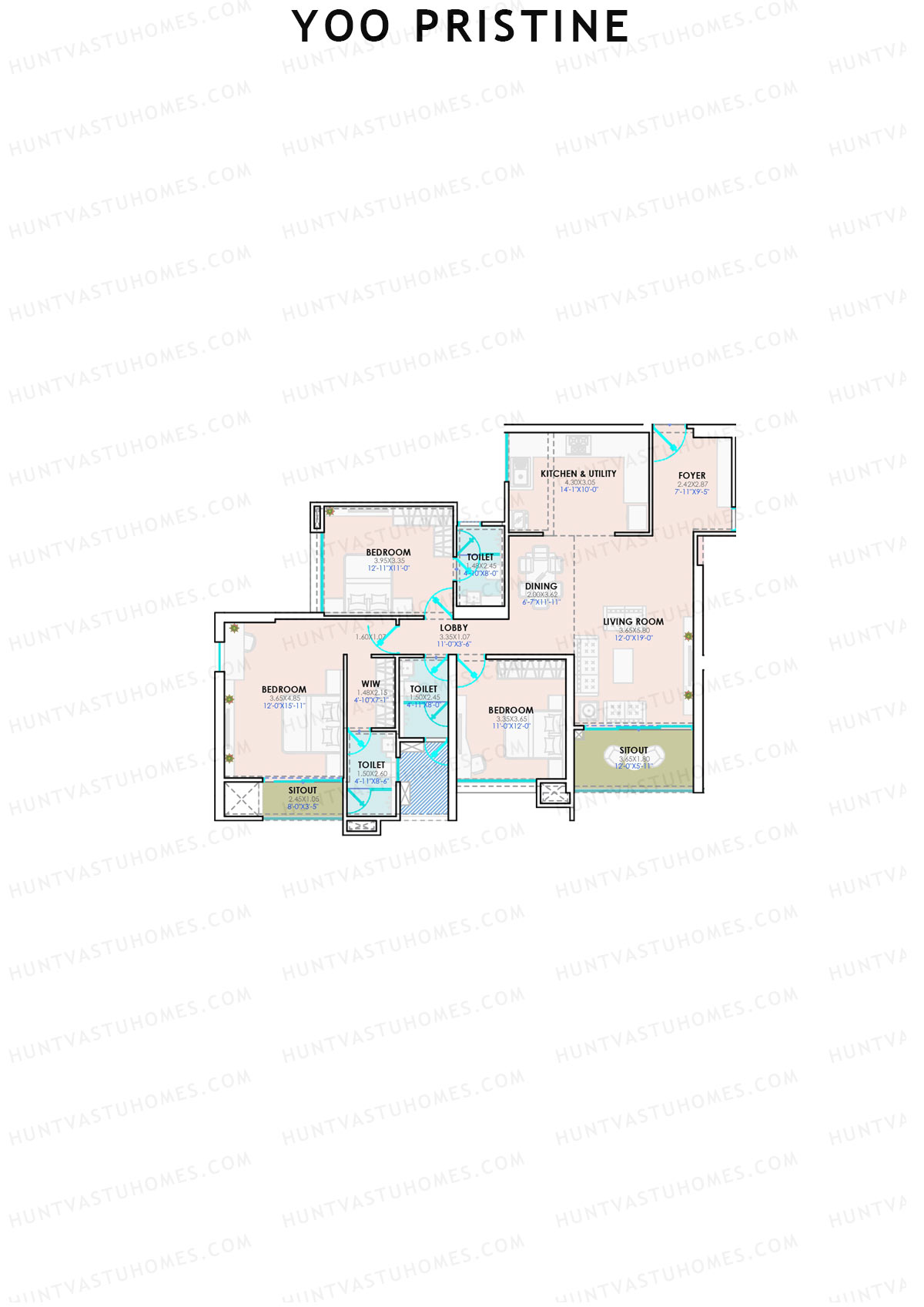 Yoo Pristine, Tower A, Unit 3, 3BHK, Super Area 1378   sq ft 