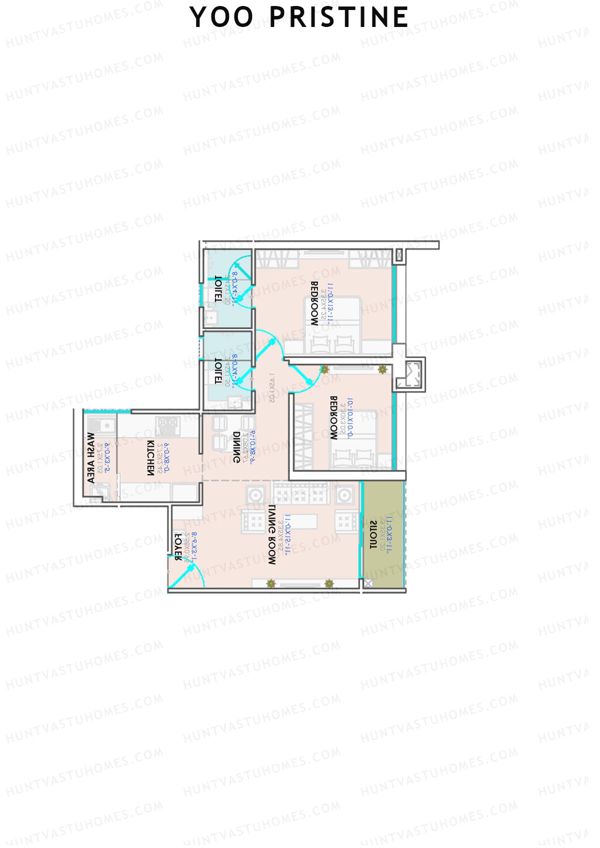 Yoo Pristine, Tower B, Unit 1, 2BHK, Super Area 814   sq ft 