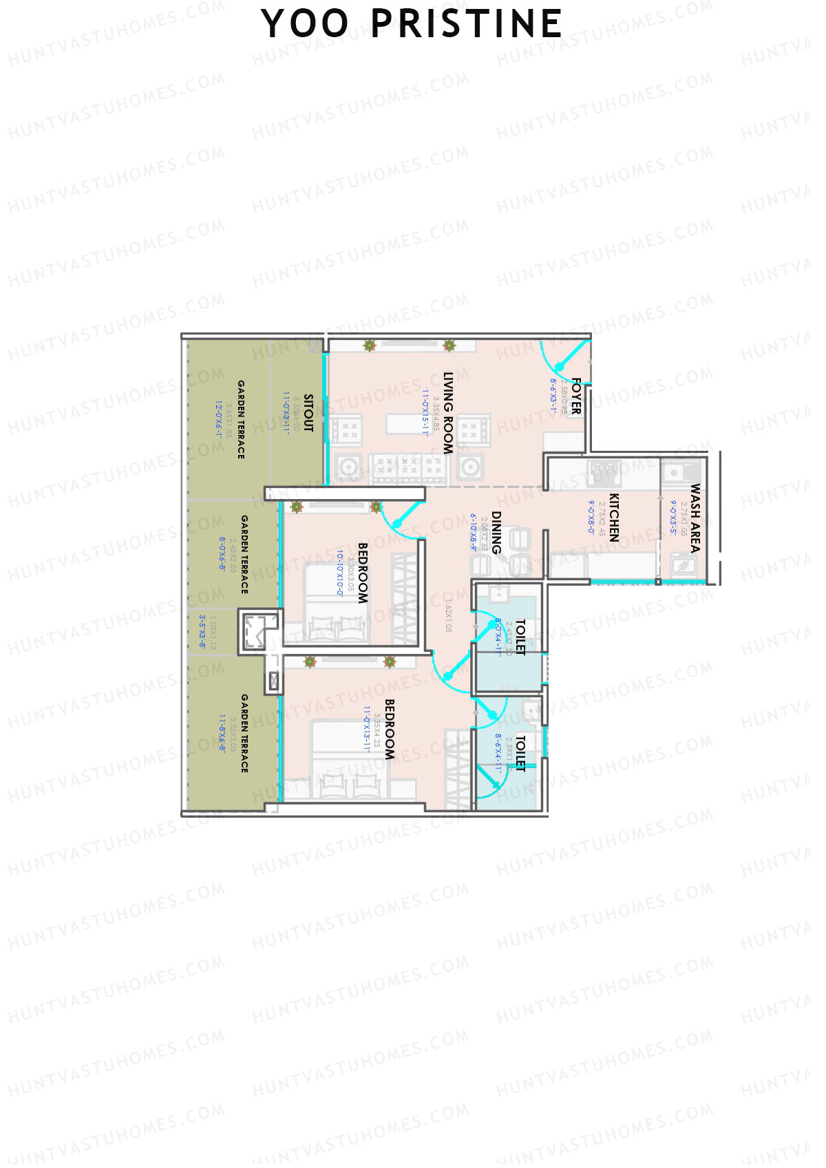 Yoo Pristine, Tower B, Unit 3, 2BHK, Super Area 1025   sq ft 