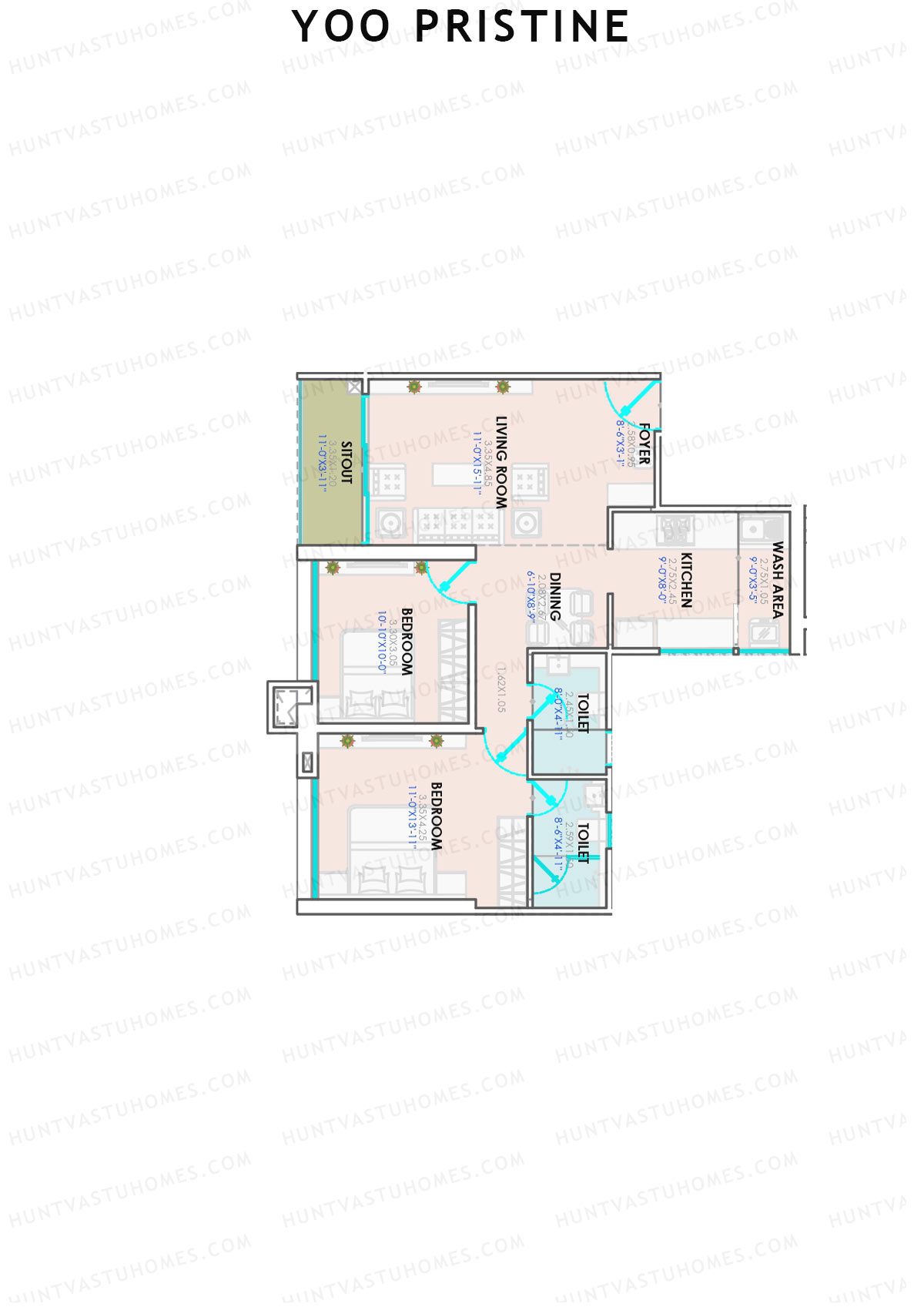 Yoo Pristine, Tower B, Unit 3, 2BHK, Super Area 817   sq ft 