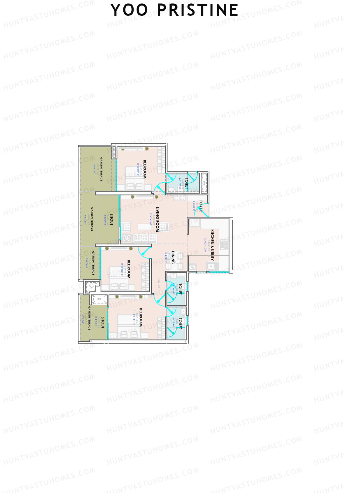 Yoo Pristine, Tower B, Unit 5, 3BHK, Super Area 1330   sq ft 