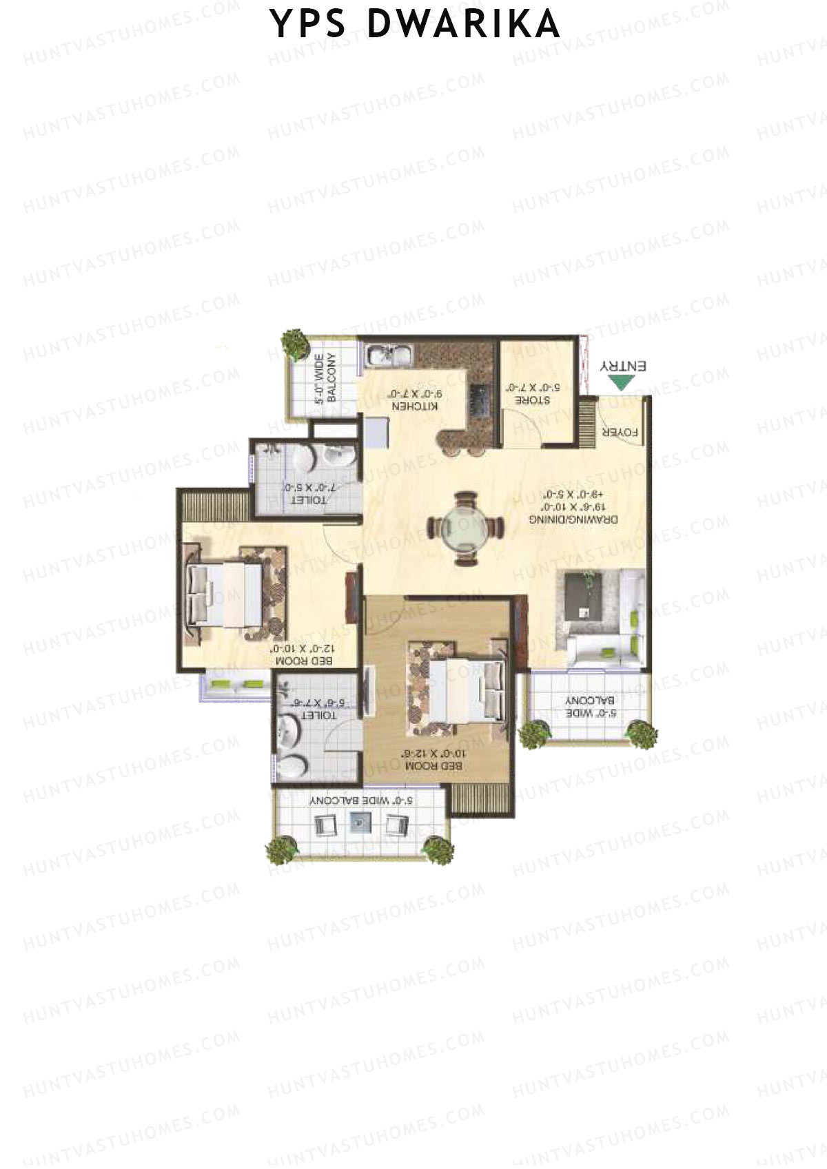 YPS Dwarika, Tower A, Unit 4 (Type C), 2BHK, Super Area 1185   sq ft 