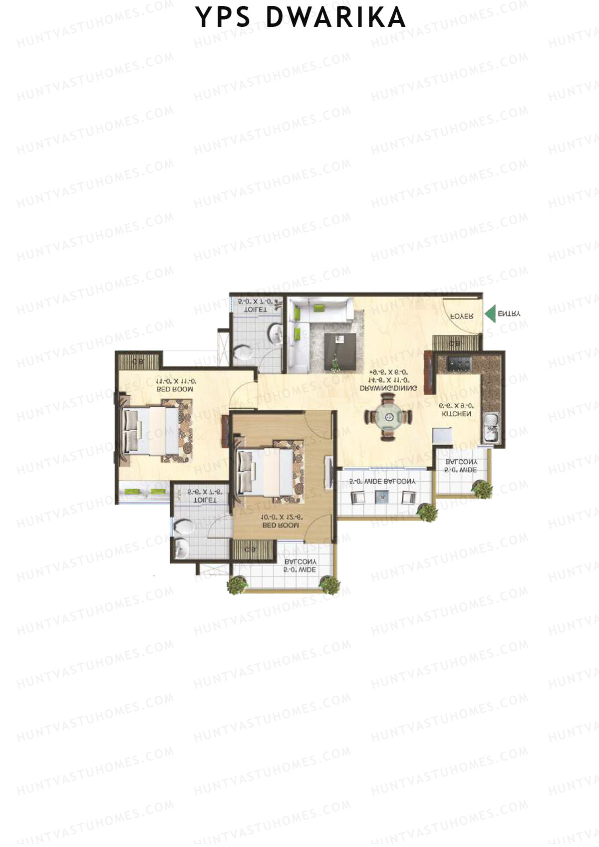 YPS Dwarika, Tower A, Unit 5 (Type B), 2BHK, Super Area 1130   sq ft 