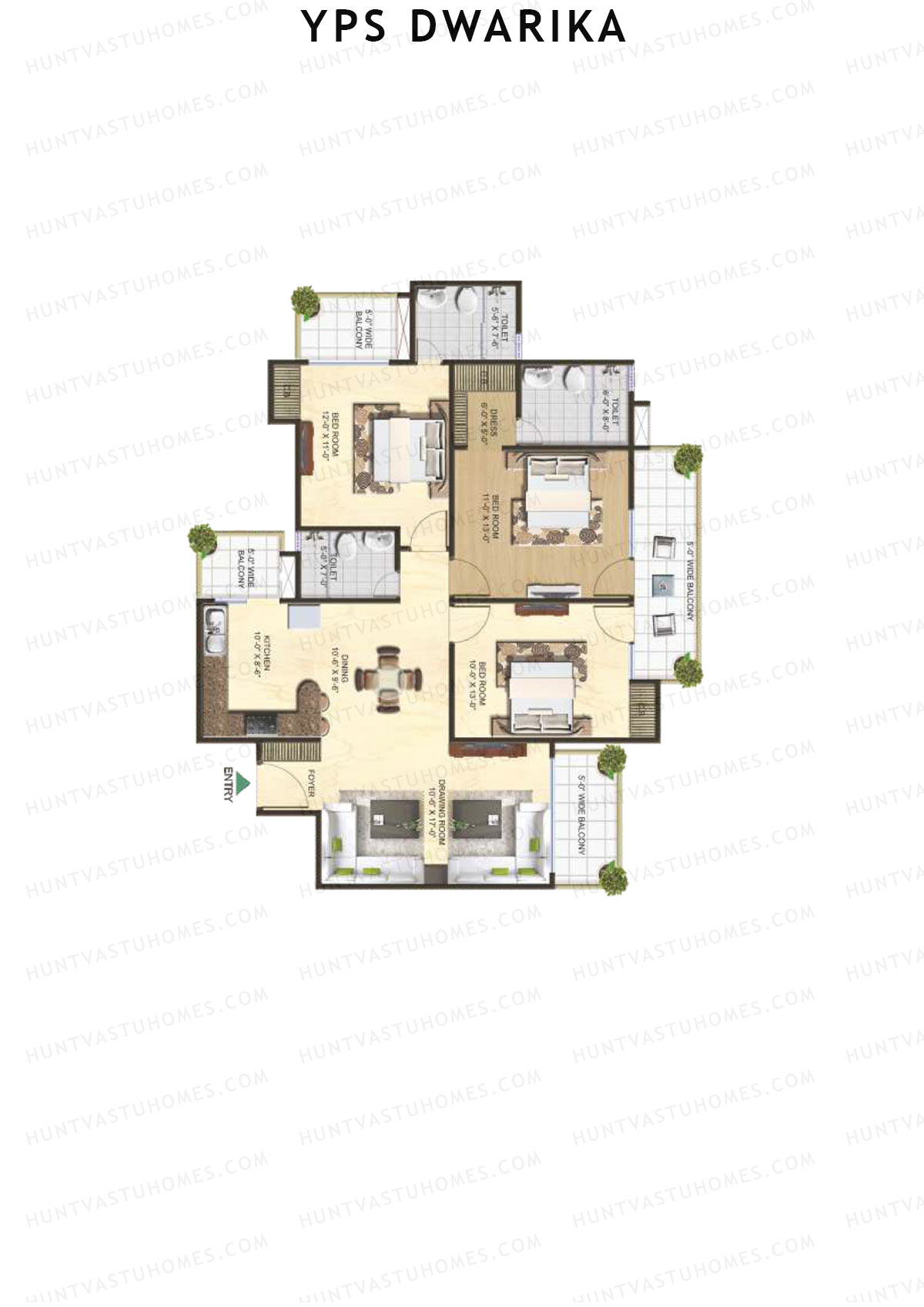 YPS Dwarika, Tower B, Unit 1 (Type C), 3BHK, Super Area 1680   sq ft 