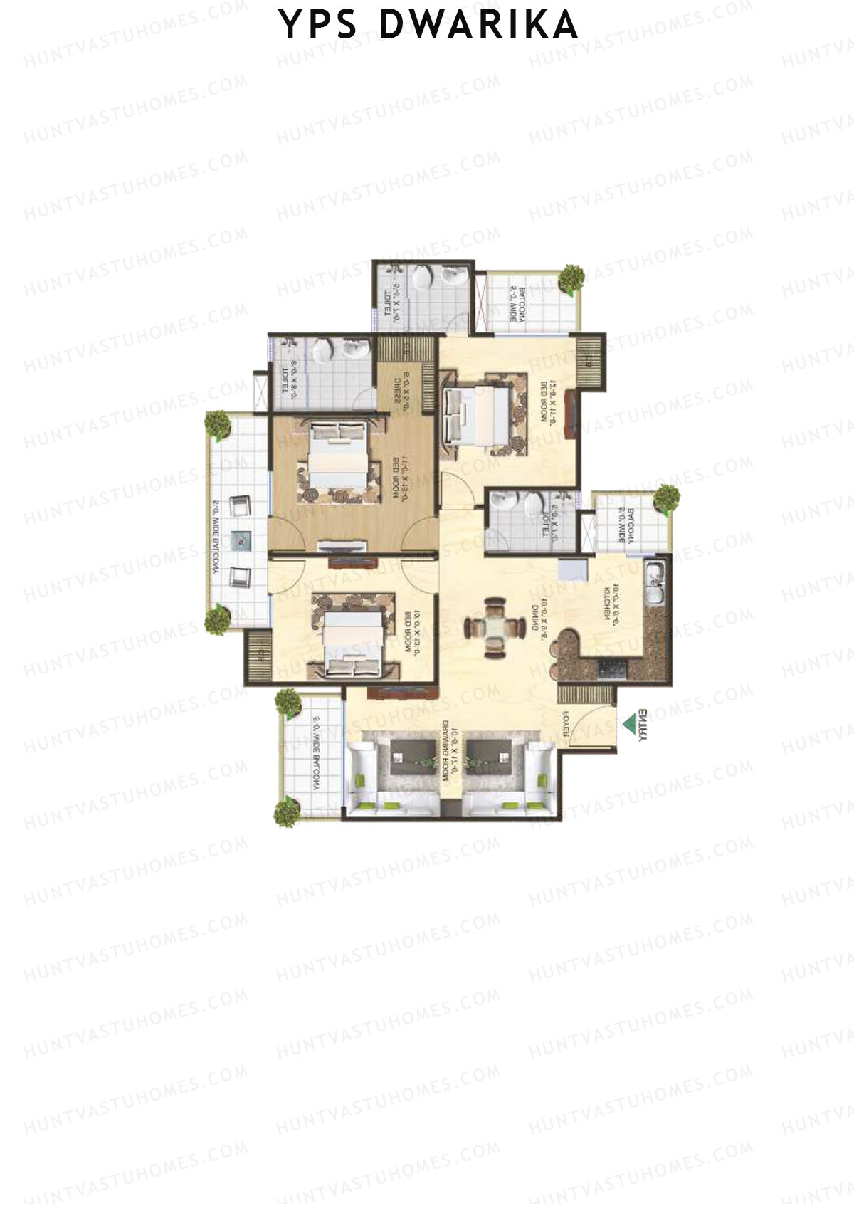 YPS Dwarika, Tower B, Unit 2 (Type C), 3BHK, Super Area 1680   sq ft 