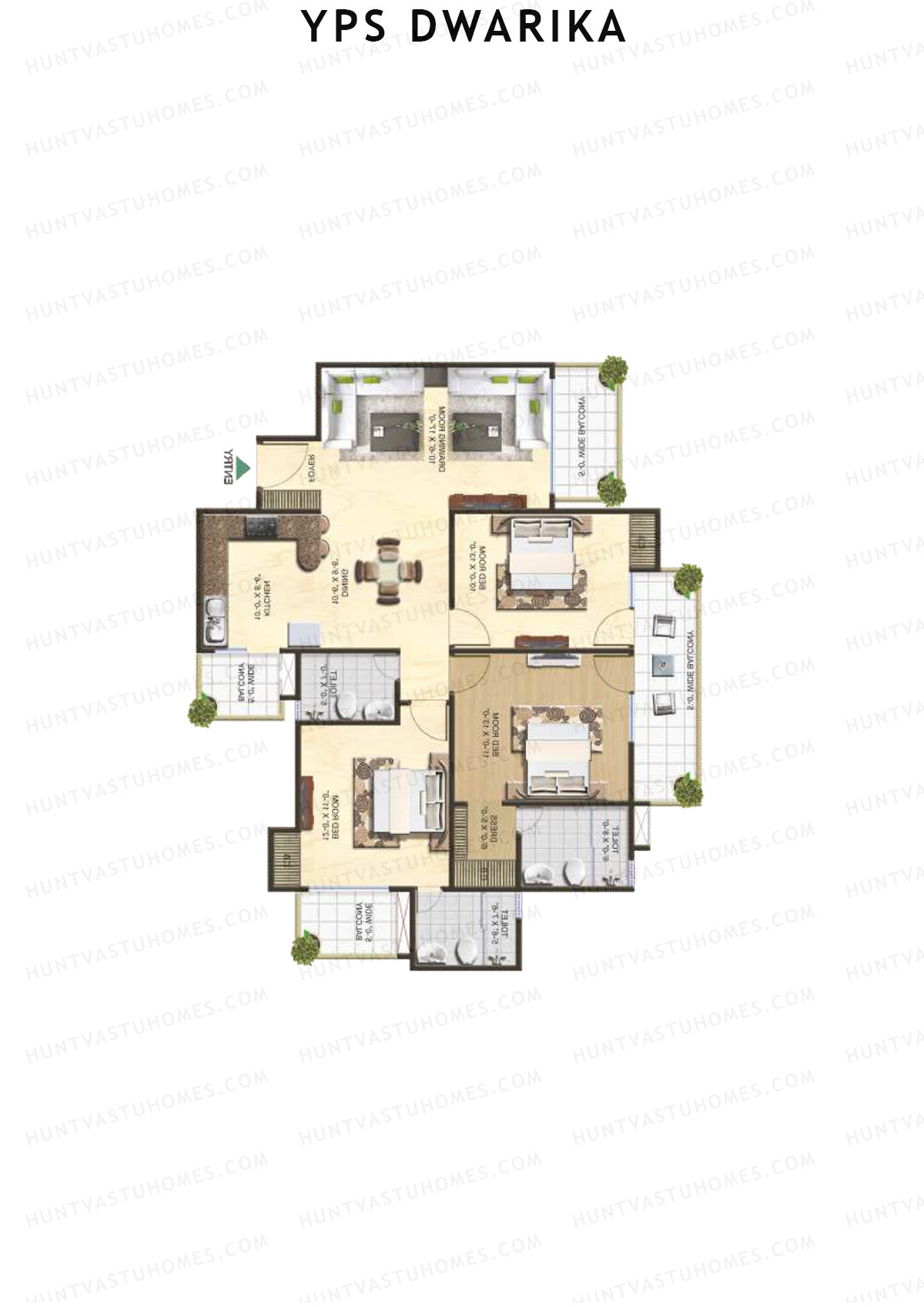YPS Dwarika, Tower D, Unit 1 (Type C), 3BHK, Super Area 1680   sq ft 