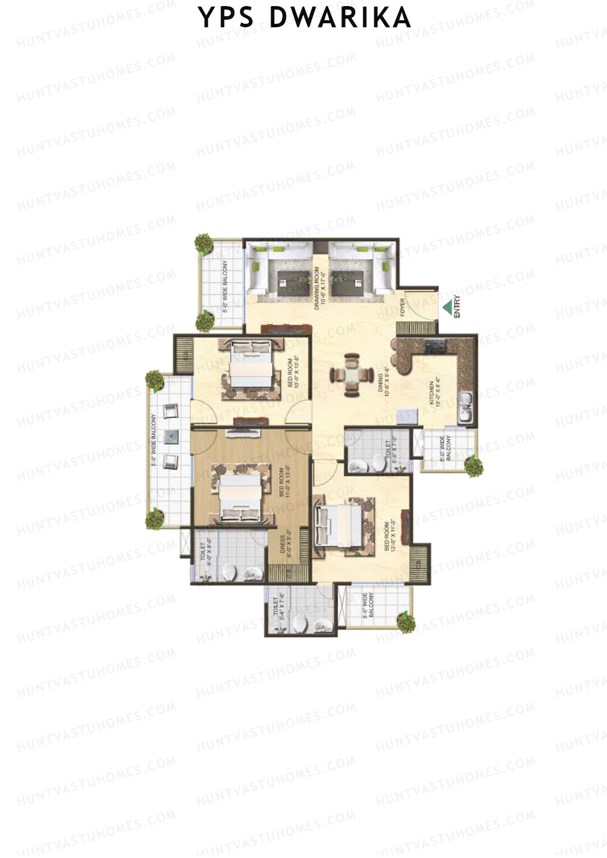 YPS Dwarika, Tower D, Unit 2 (Type C), 3BHK, Super Area 1680   sq ft 