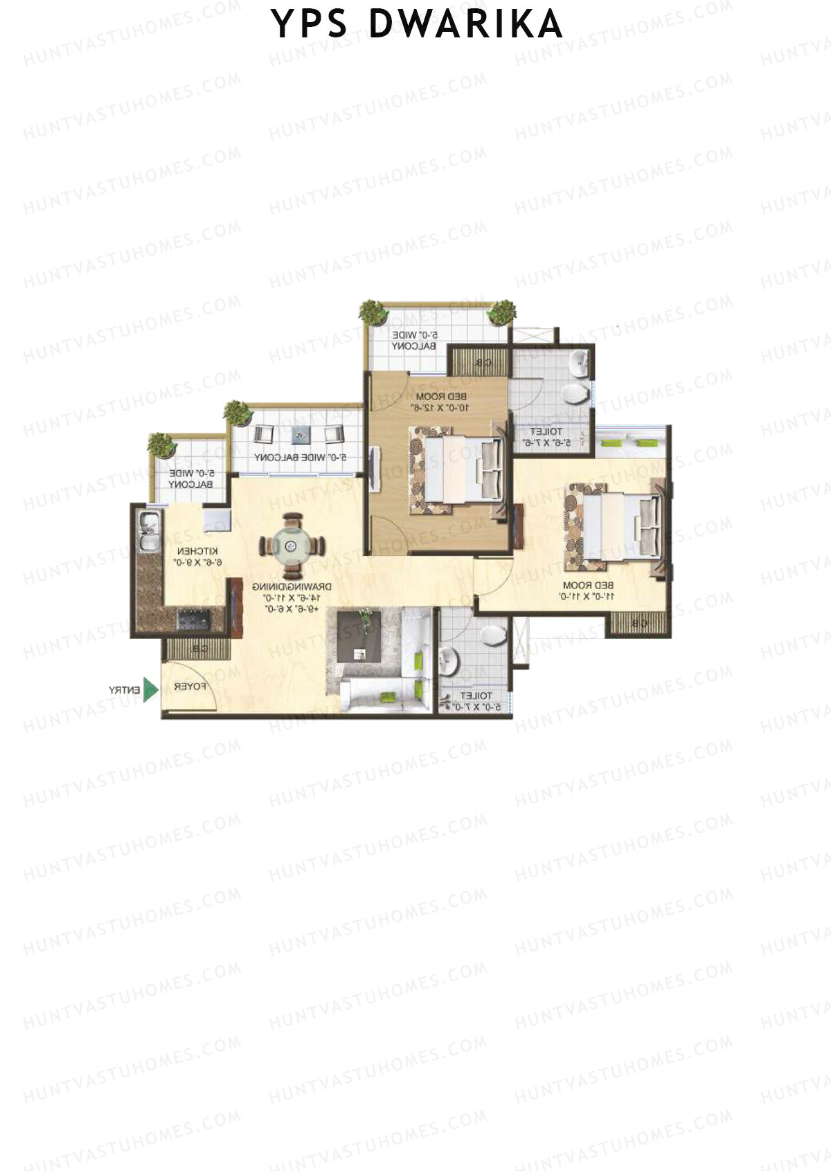 YPS Dwarika, Tower D, Unit 5 (Type B), 2BHK, Super Area 1130   sq ft 
