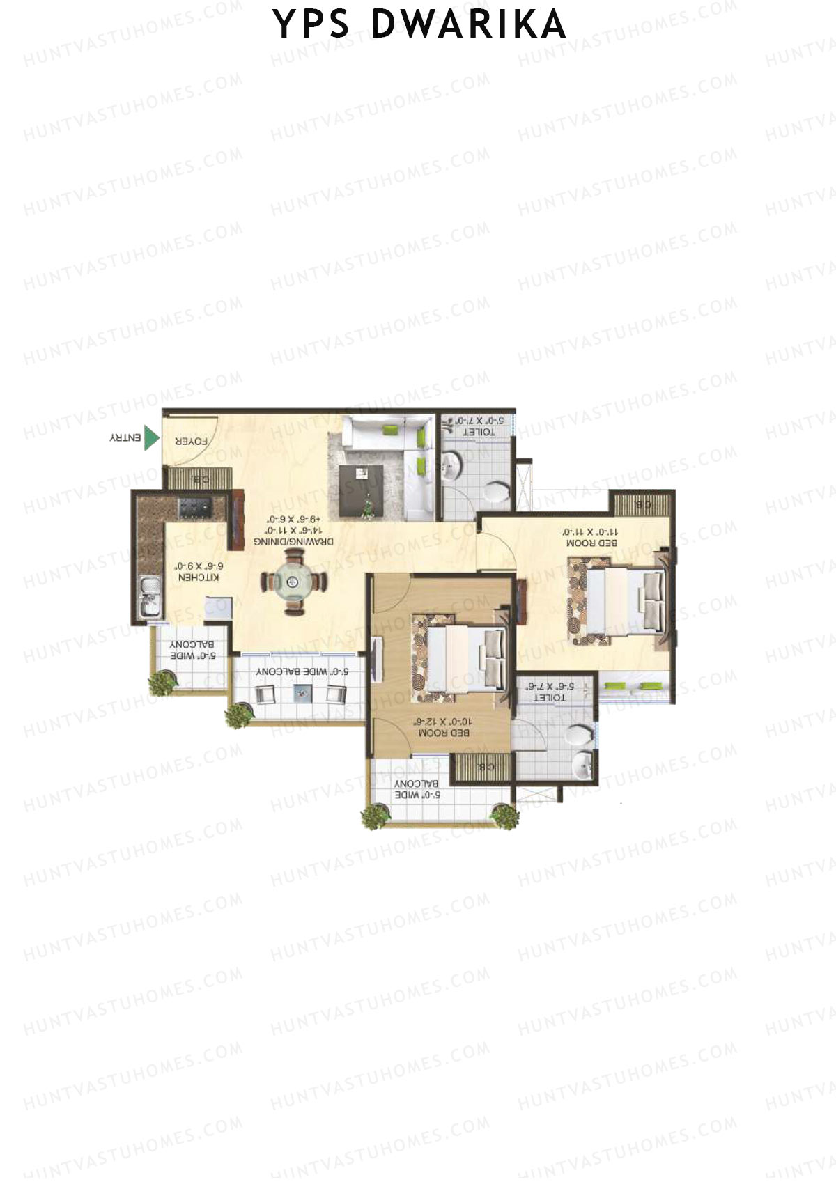 YPS Dwarika, Tower D, Unit 6 (Type B), 2BHK, Super Area 1130   sq ft 