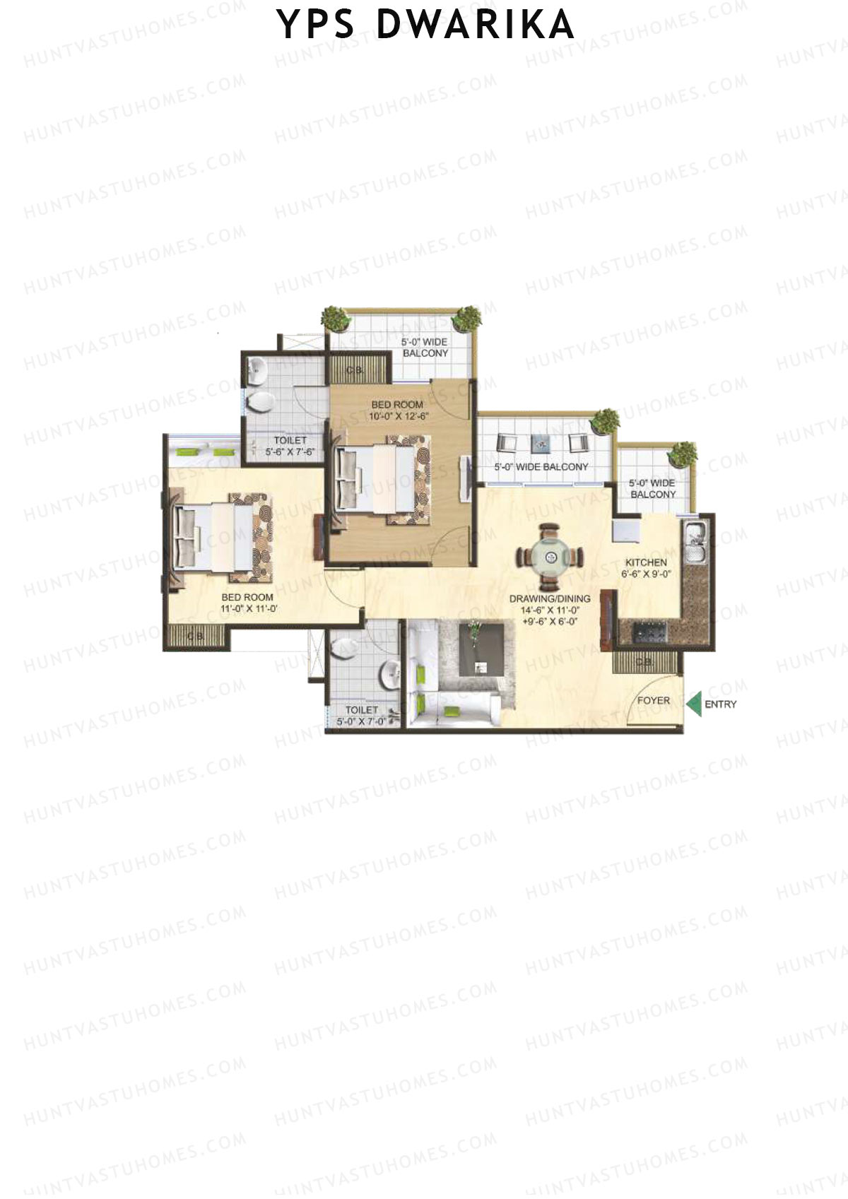 YPS Dwarika, Tower E, Unit 5 (Type B), 2BHK, Super Area 1130   sq ft 