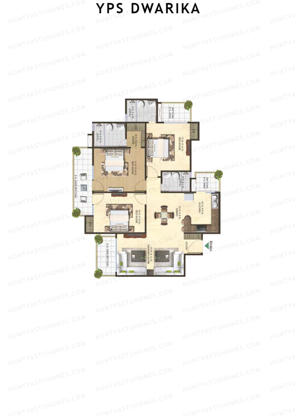 YPS Dwarika, Tower F, Unit 1 (Type C), 3BHK, Super Area 1680   sq ft 