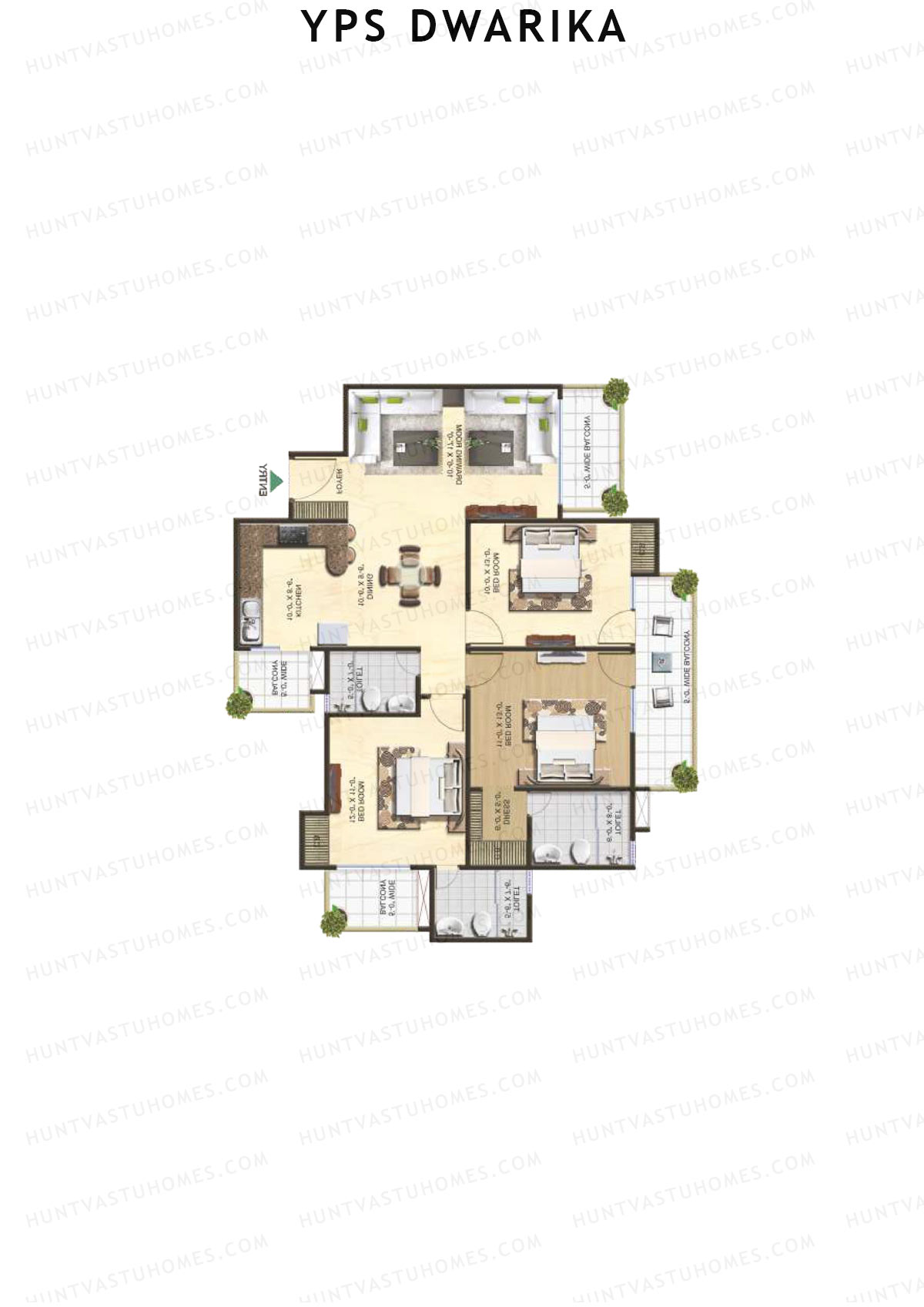 YPS Dwarika, Tower F, Unit 3 (Type C), 3BHK, Super Area 1680   sq ft 