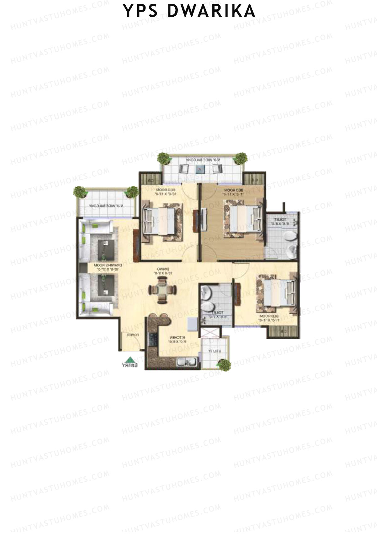 YPS Dwarika, Tower F, Unit 5 (Type A), 3BHK, Super Area 1485   sq ft 