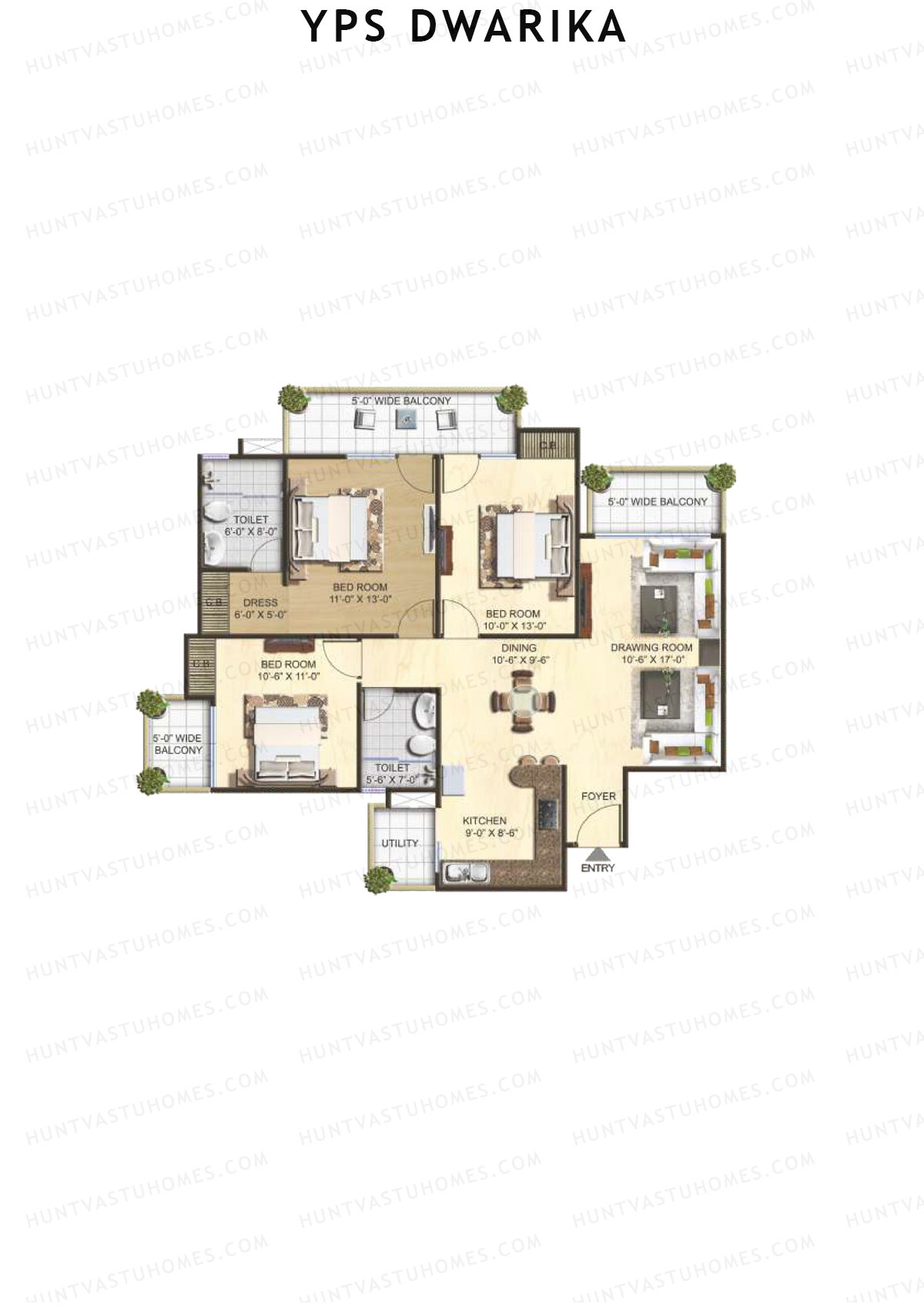 YPS Dwarika, Tower F, Unit 6 (Type B), 3BHK, Super Area 1590   sq ft 