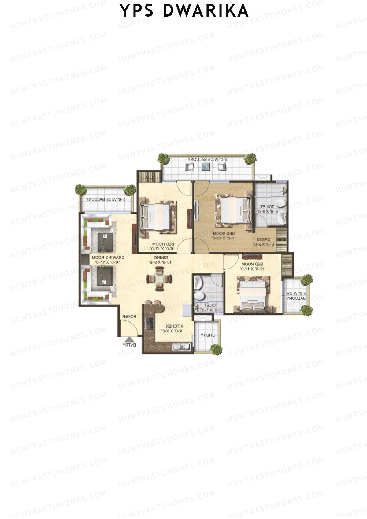 YPS Dwarika, Tower G, Unit 1 (Type B), 3BHK, Super Area 1590   sq ft 