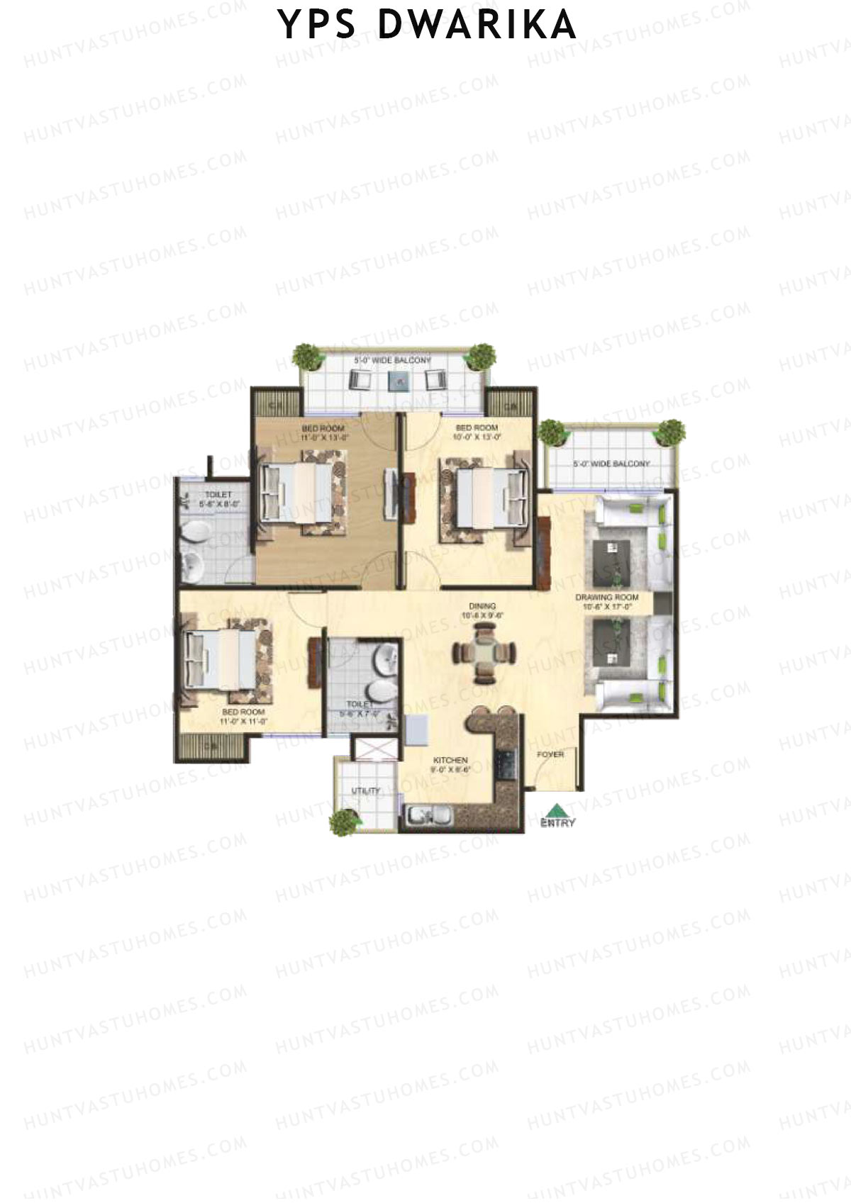 YPS Dwarika, Tower G, Unit 2 (Type A), 3BHK, Super Area 1485   sq ft 