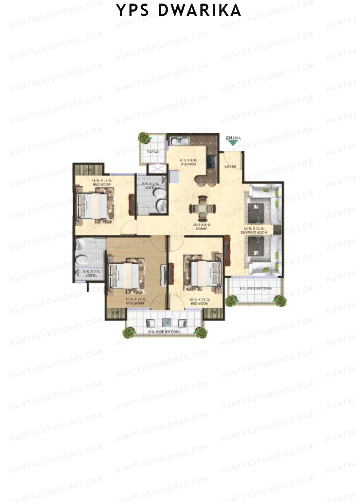 YPS Dwarika, Tower G, Unit 3 (Type A), 3BHK, Super Area 1485   sq ft 