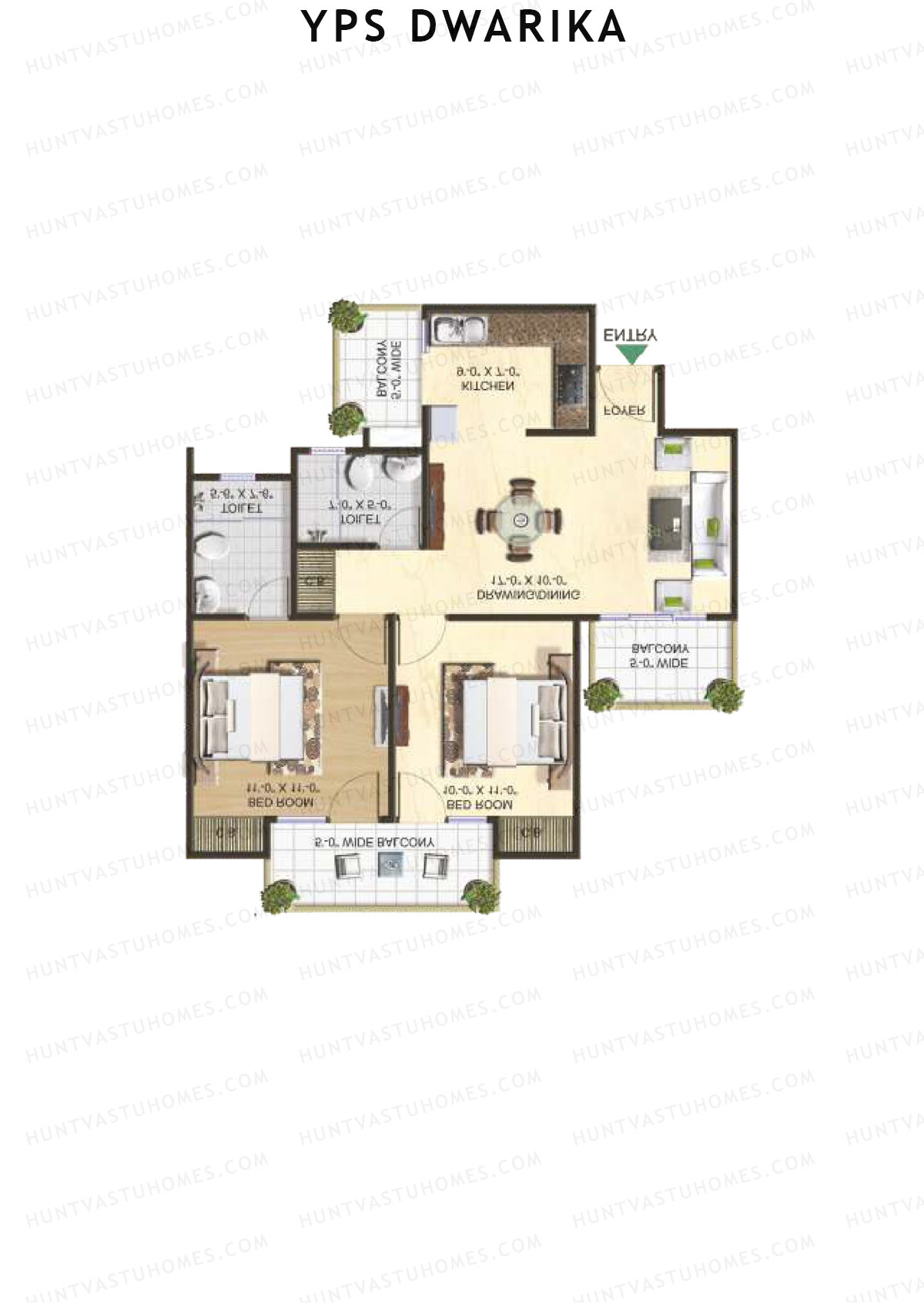 YPS Dwarika, Tower H, Unit 3 (Type A), 2BHK, Super Area 1050   sq ft 
