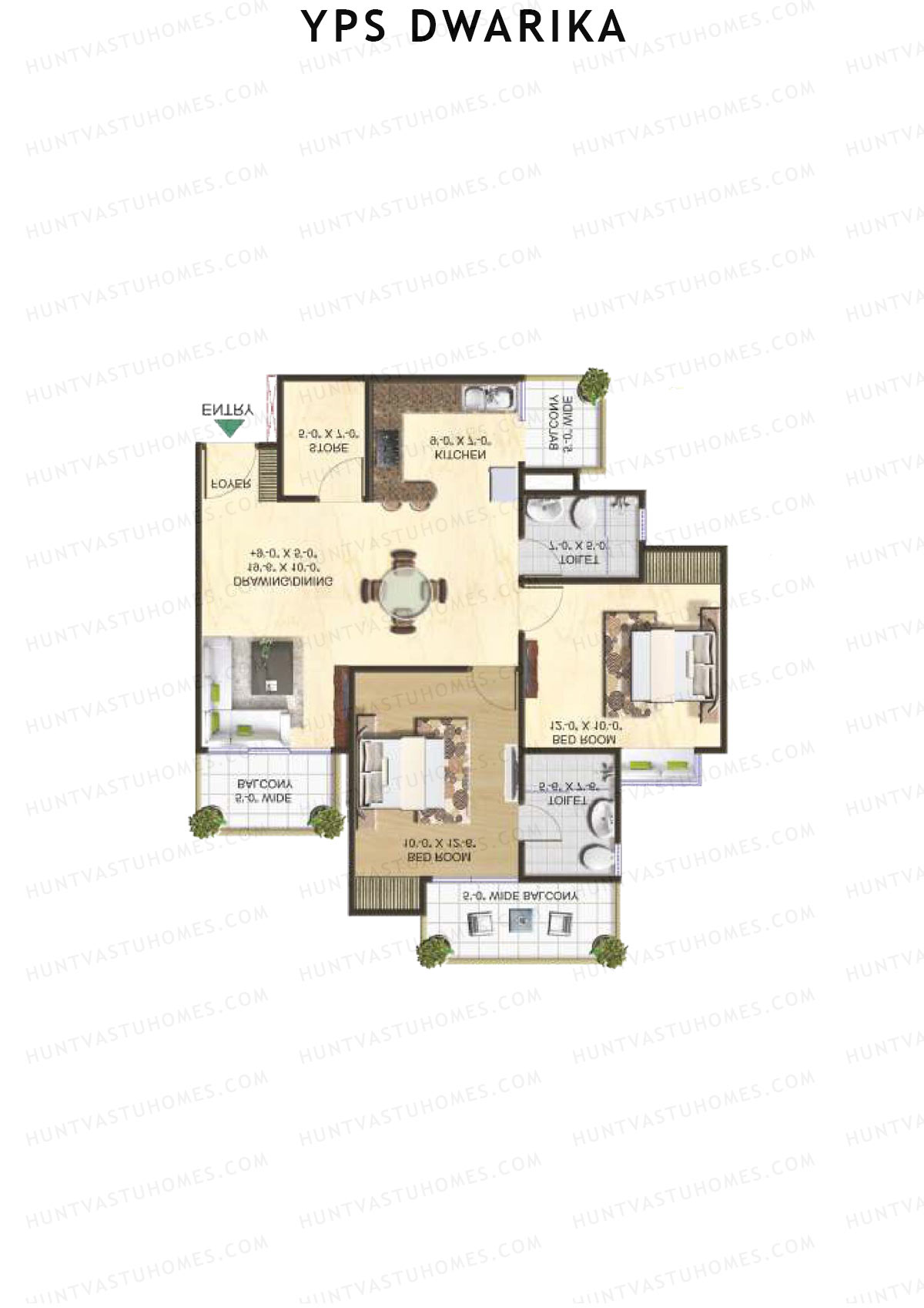 YPS Dwarika, Tower H, Unit 5 (Type C), 2BHK, Super Area 1185   sq ft 