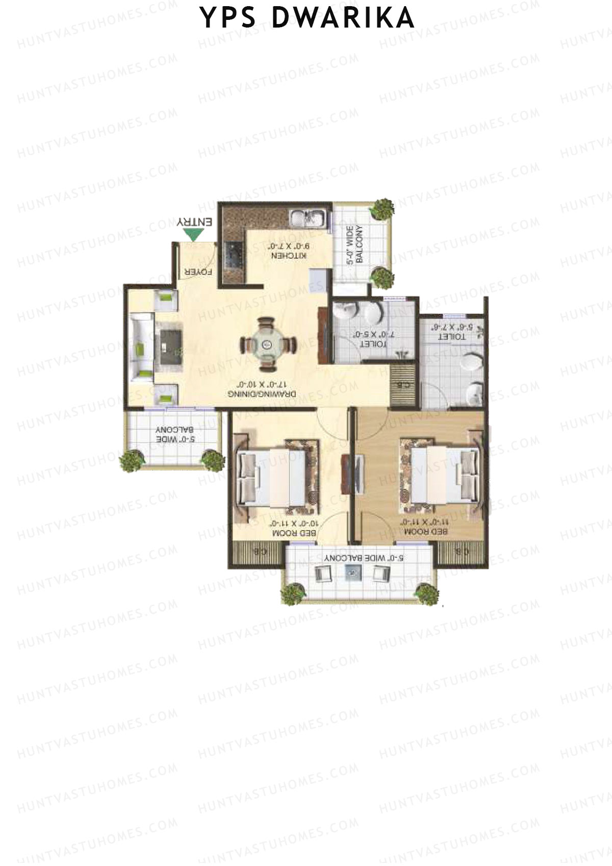 YPS Dwarika, Tower H, Unit 6 (Type A), 2BHK, Super Area 1050   sq ft 