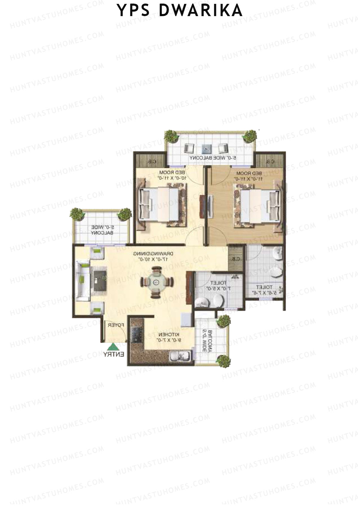YPS Dwarika, Tower H, Unit 7 (Type A), 2BHK, Super Area 1050   sq ft 