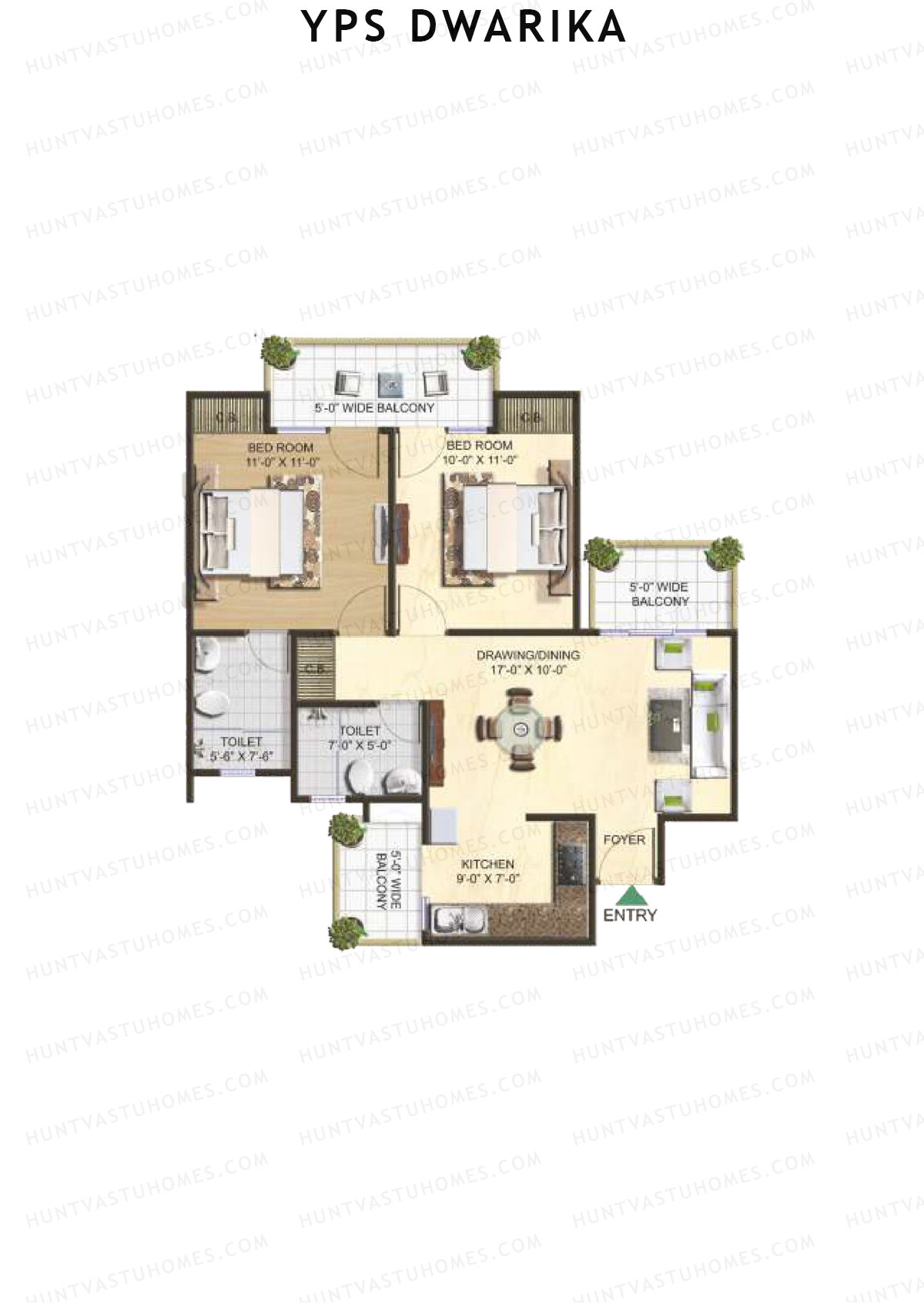 YPS Dwarika, Tower I, Unit 3 (Type A), 2BHK, Super Area 1050   sq ft 