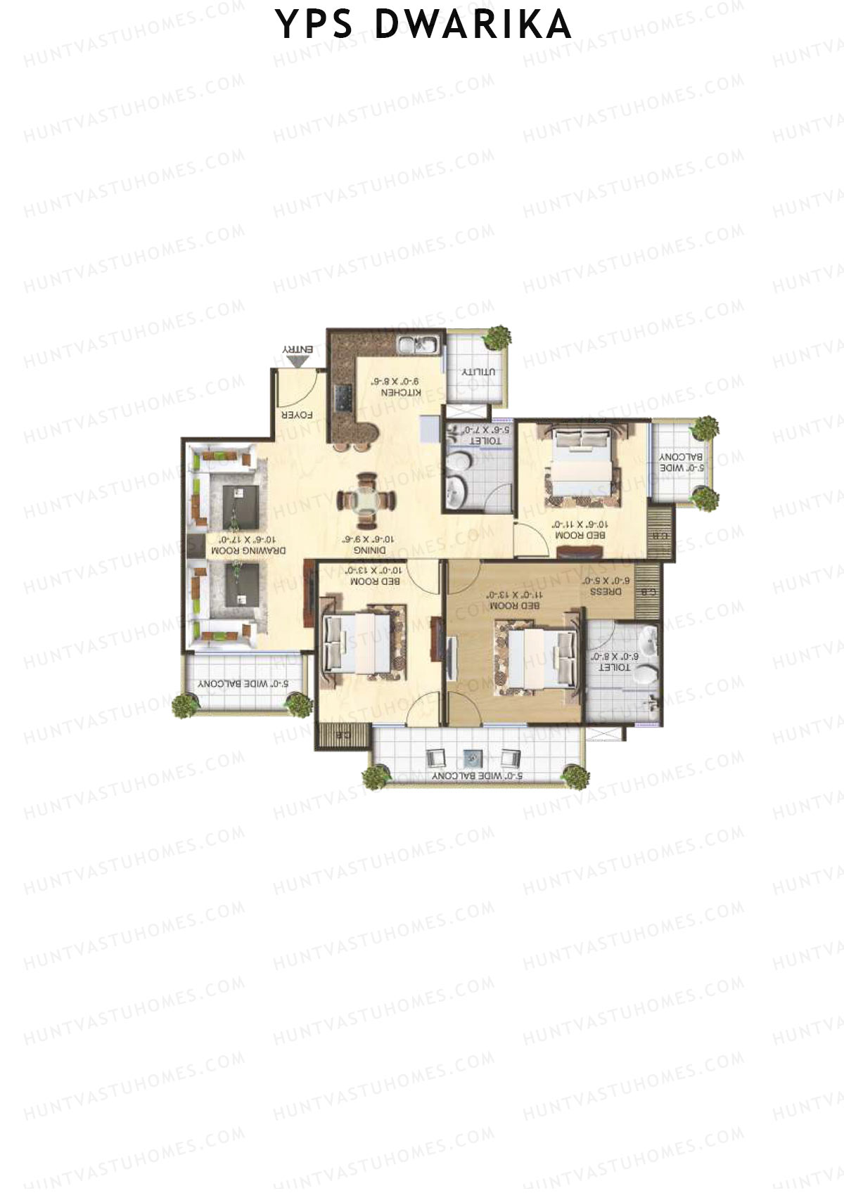 YPS Dwarika, Tower J, Unit 1 (Type B), 3BHK, Super Area 1590   sq ft 