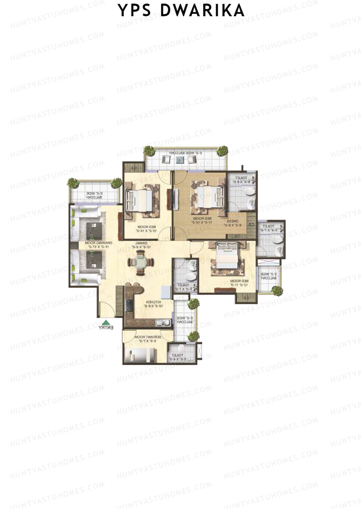 YPS Dwarika, Tower J, Unit 4 (Type D), 3BHK, Super Area 1890   sq ft 