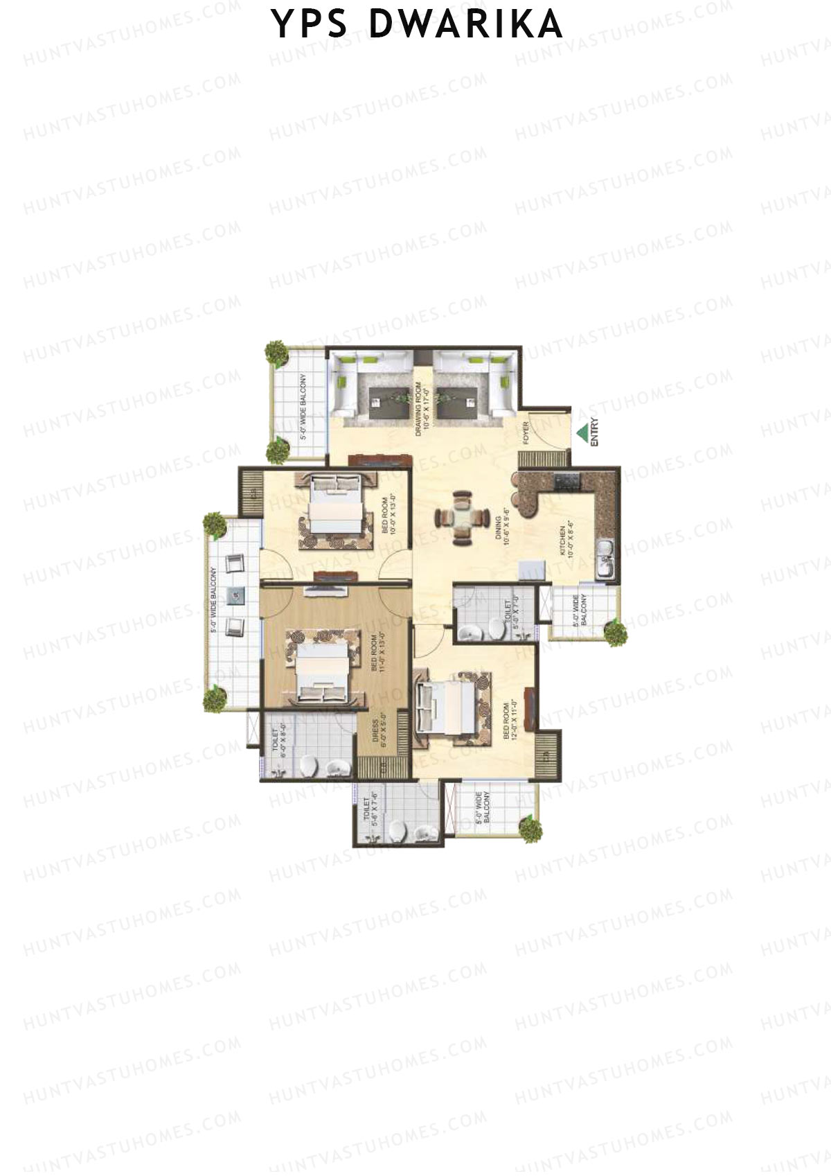 YPS Dwarika, Tower K, Unit 1 (Type C), 3BHK, Super Area 1680   sq ft 