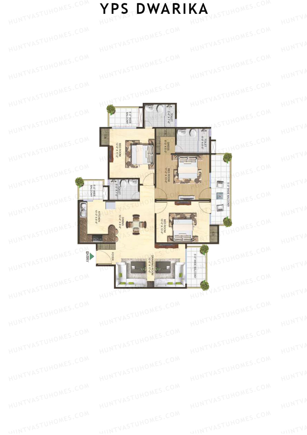 YPS Dwarika, Tower K, Unit 3 (Type C), 3BHK, Super Area 1680   sq ft 