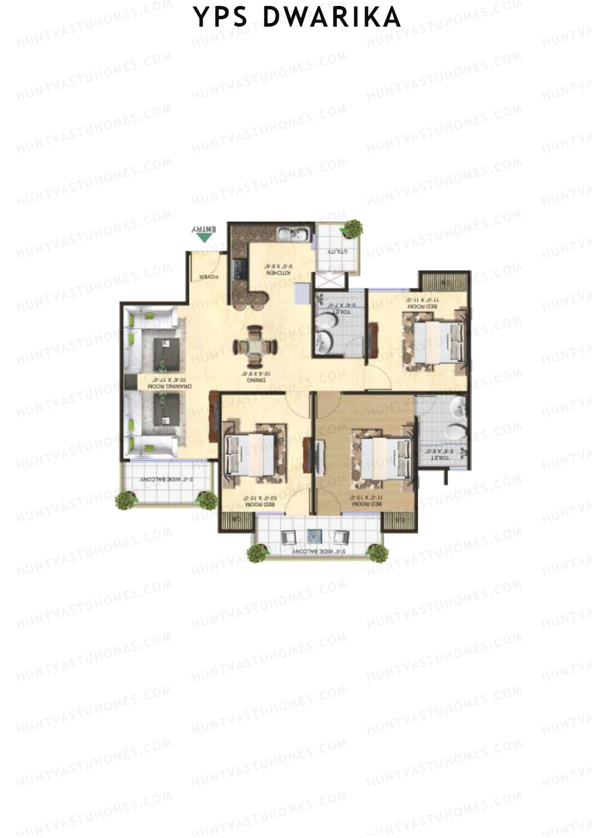 YPS Dwarika, Tower K, Unit 5 (Type A), 3BHK, Super Area 1485   sq ft 