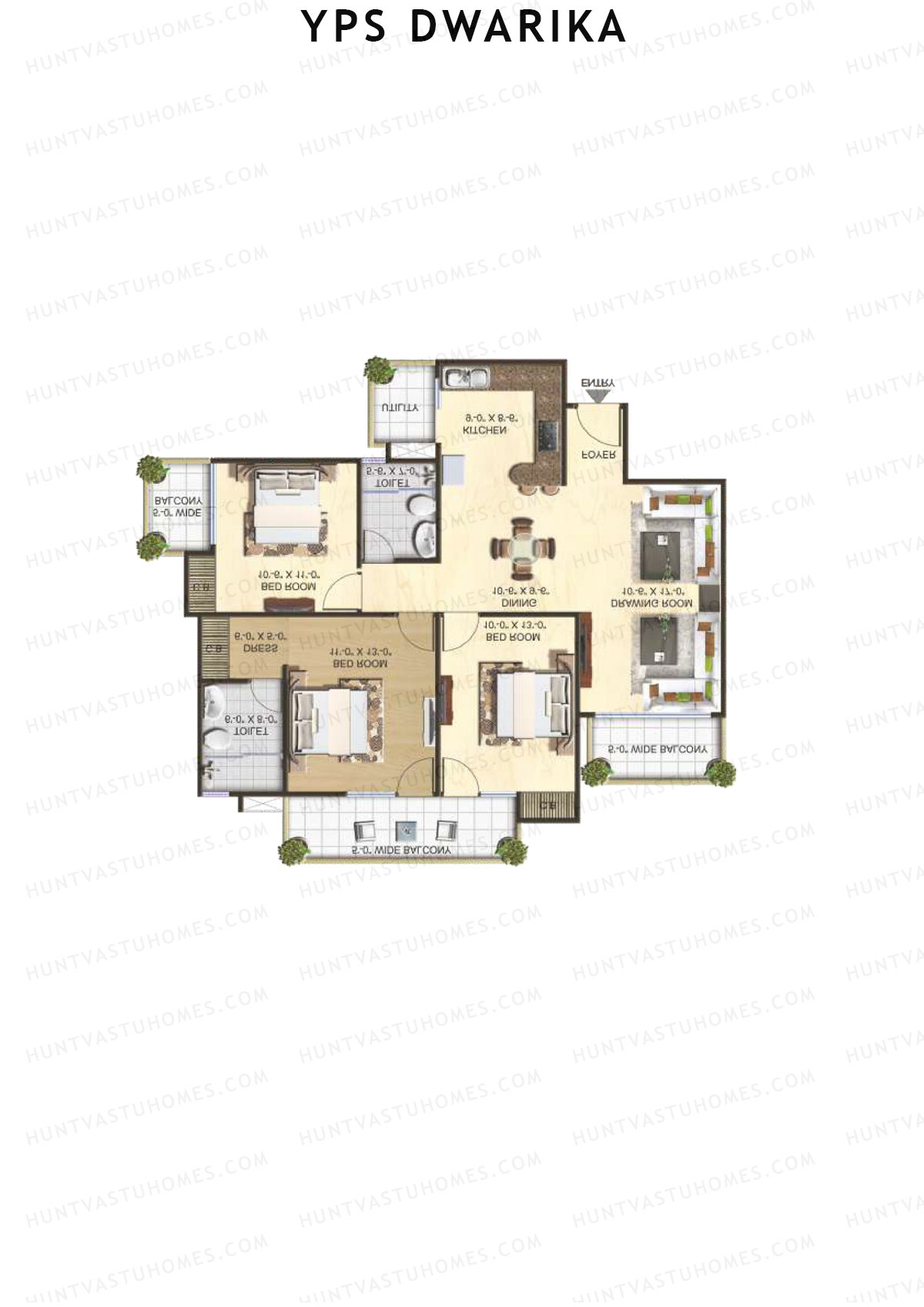 YPS Dwarika, Tower K, Unit 6 (Type B), 3BHK, Super Area 1590   sq ft 