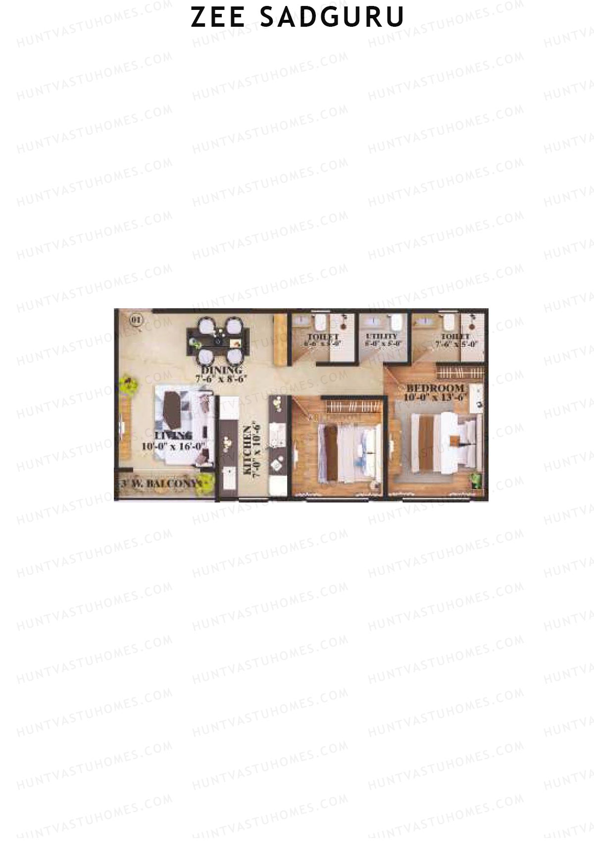 Zee Sadguru, Wing A, Unit 1, 2BHK, Carpet Area 720   sq ft 