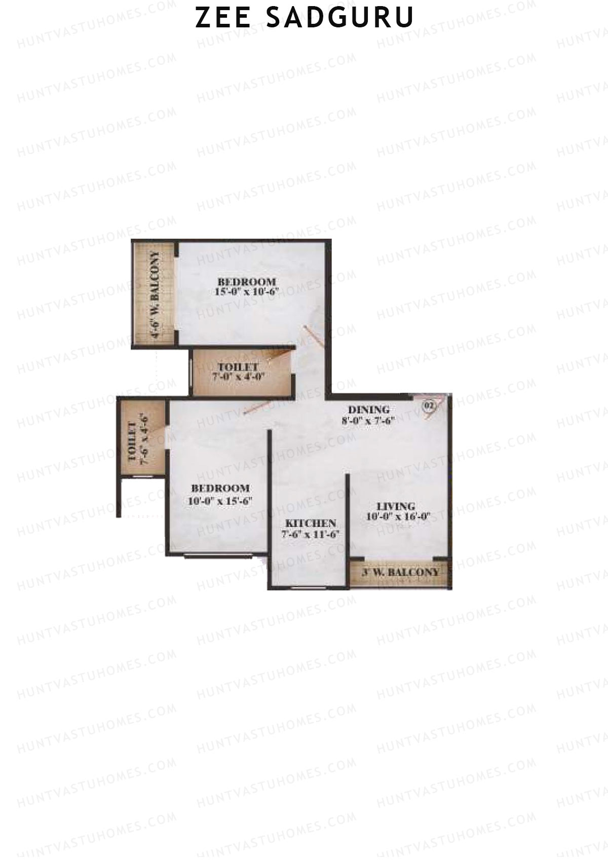 Zee Sadguru, Wing A, Unit 2, 2BHK, Carpet Area 823   sq ft 