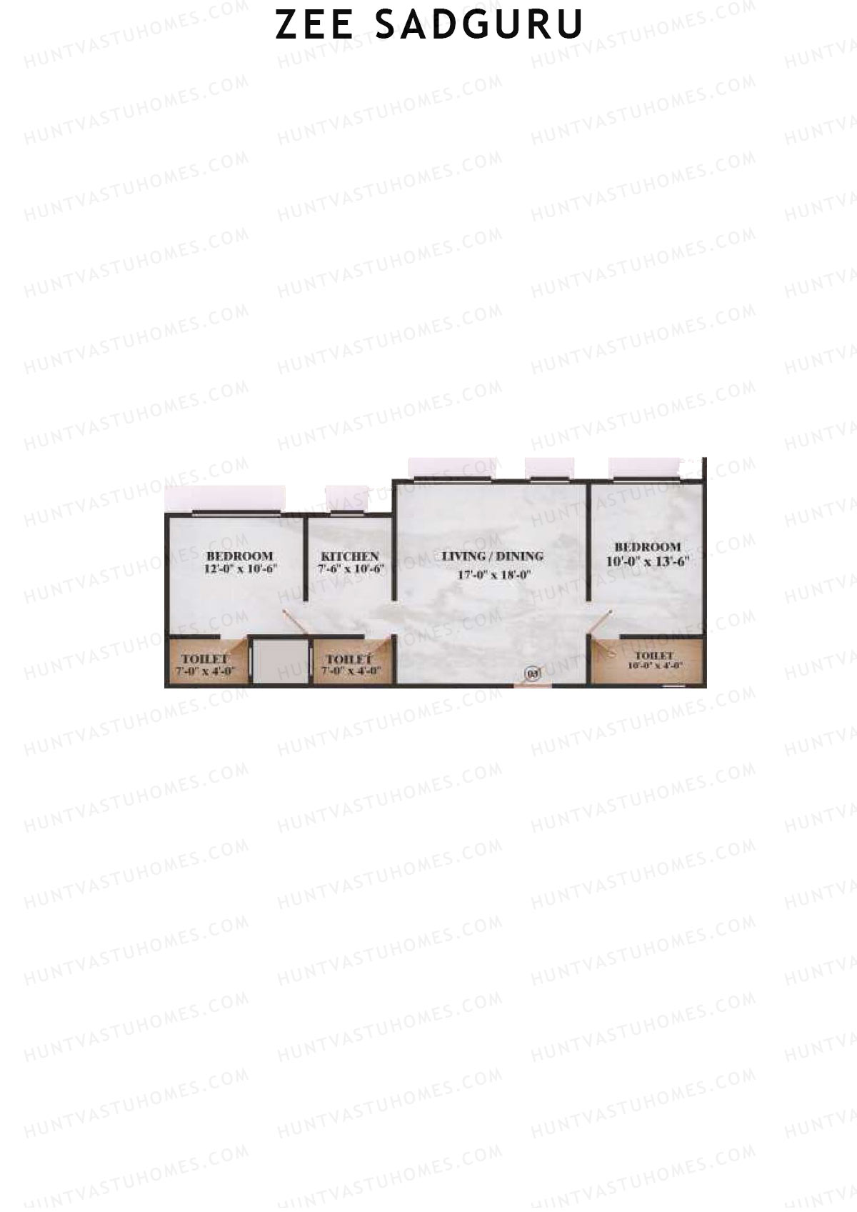 Zee Sadguru, Wing A, Unit 3, 2BHK, Carpet Area 778   sq ft 