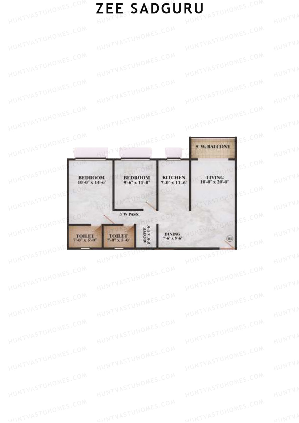 Zee Sadguru, Wing B, Unit 1, 2BHK, Carpet Area 812   sq ft 