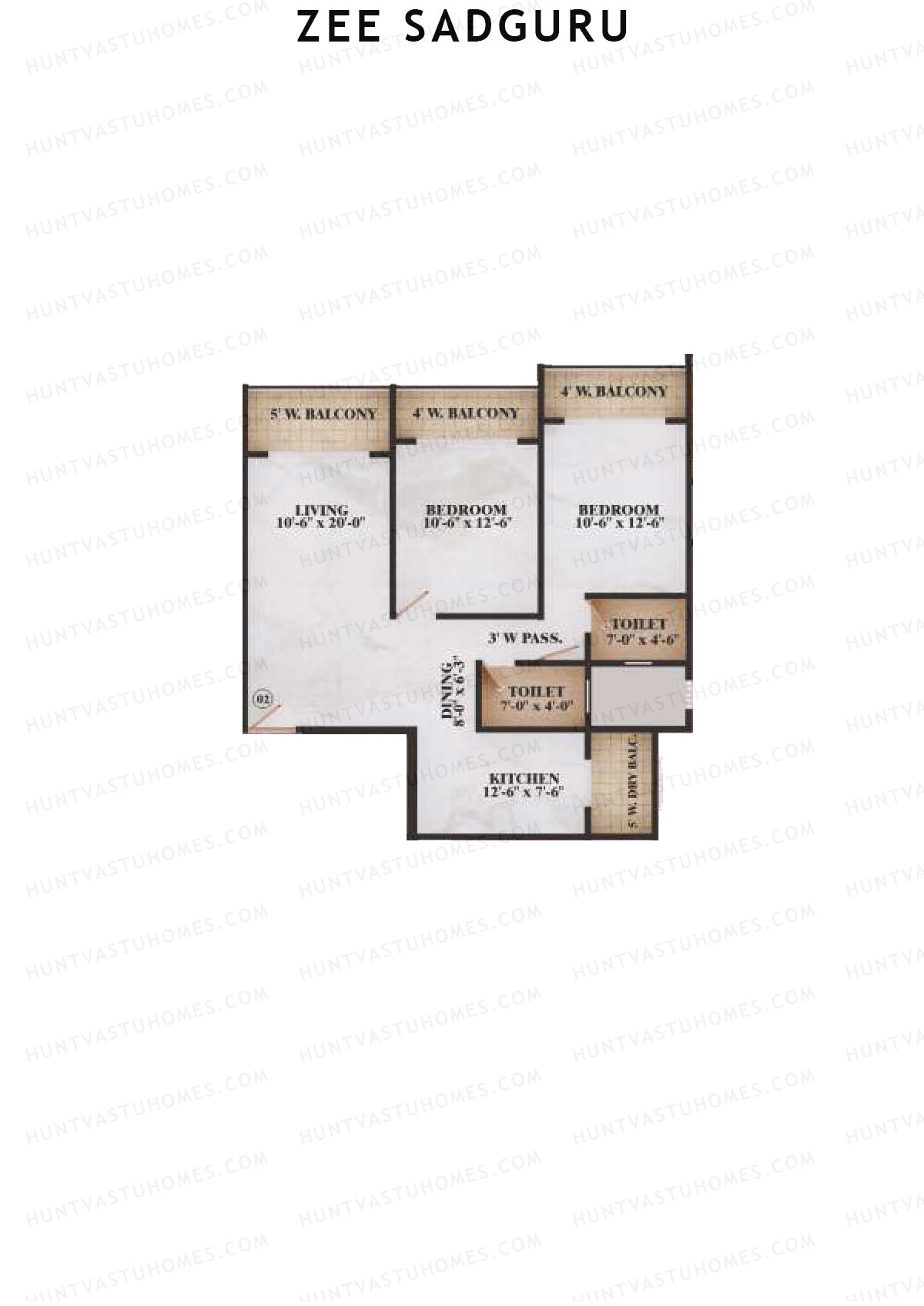 Zee Sadguru, Wing B, Unit 2, 2BHK, Carpet Area 922   sq ft 