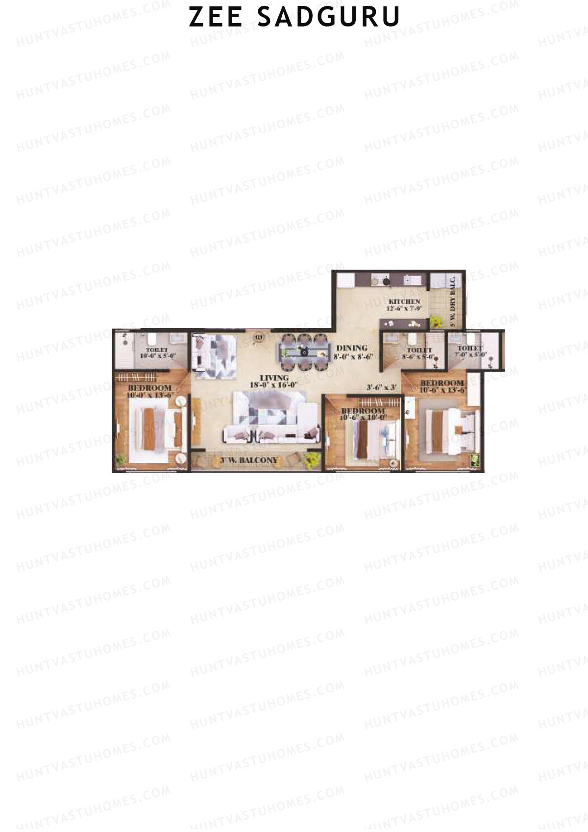 Zee Sadguru, Wing B, Unit 3, 3BHK, Carpet Area 1110   sq ft 