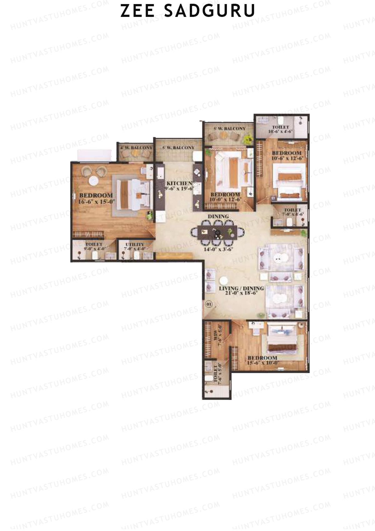 Zee Sadguru, Wing C, Unit 1, 4BHK, Carpet Area 1705   sq ft 